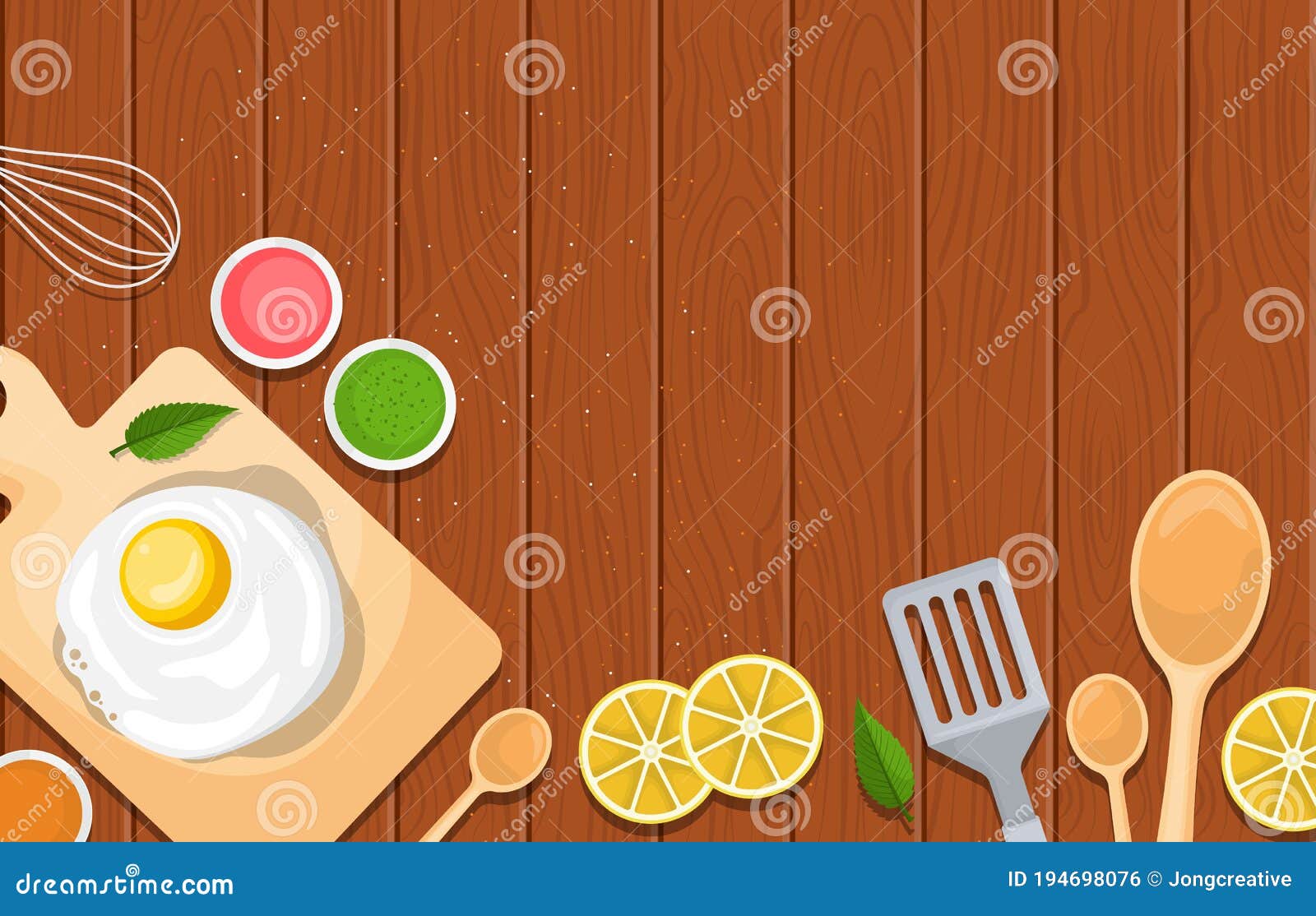 Egg Utensil on Cooking Wooden Table Kitchen Backdrop Illustration Stock