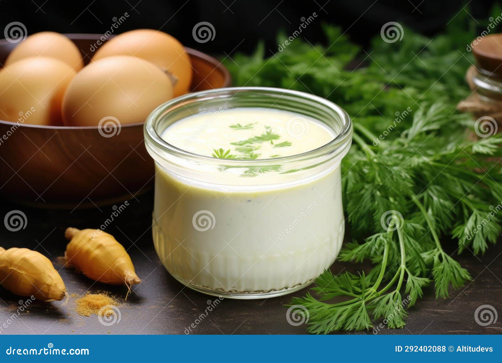 Eggless Mayonnaise Jar beside Ingredients Stock Photo Image of food