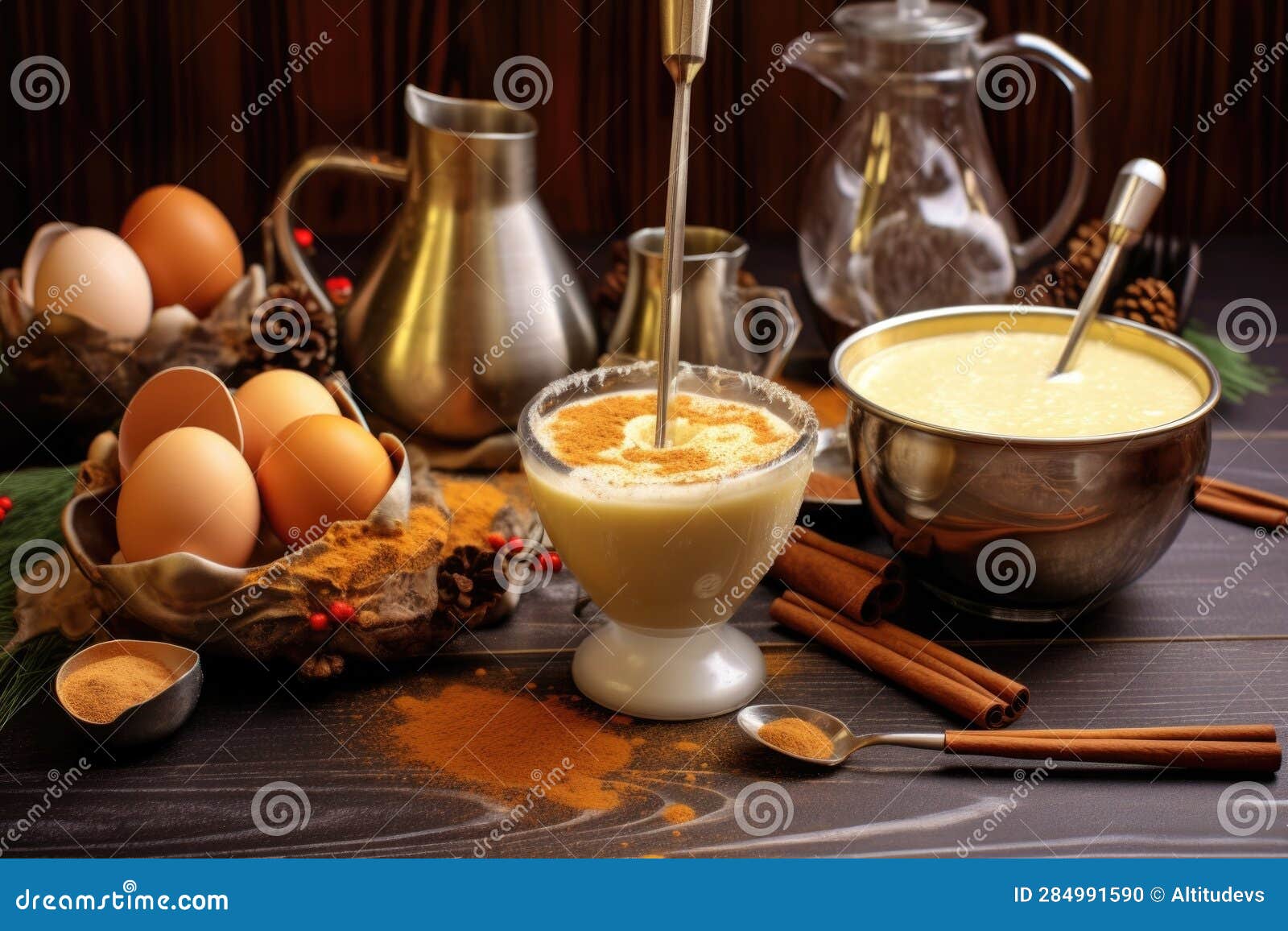 Eggnog Making Process with Utensils and Spices Stock Illustration