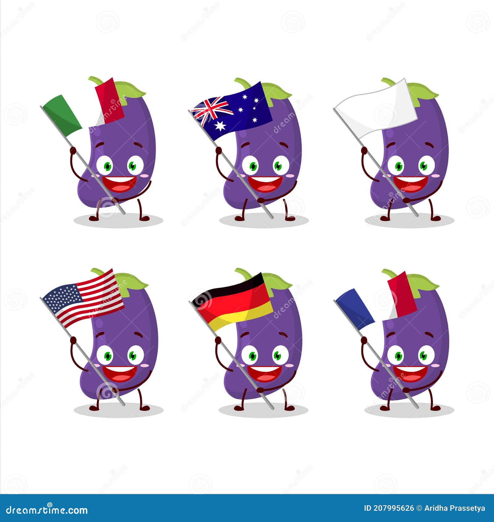Eggplant Cartoon Character Bring the Flags of Various Countries Stock