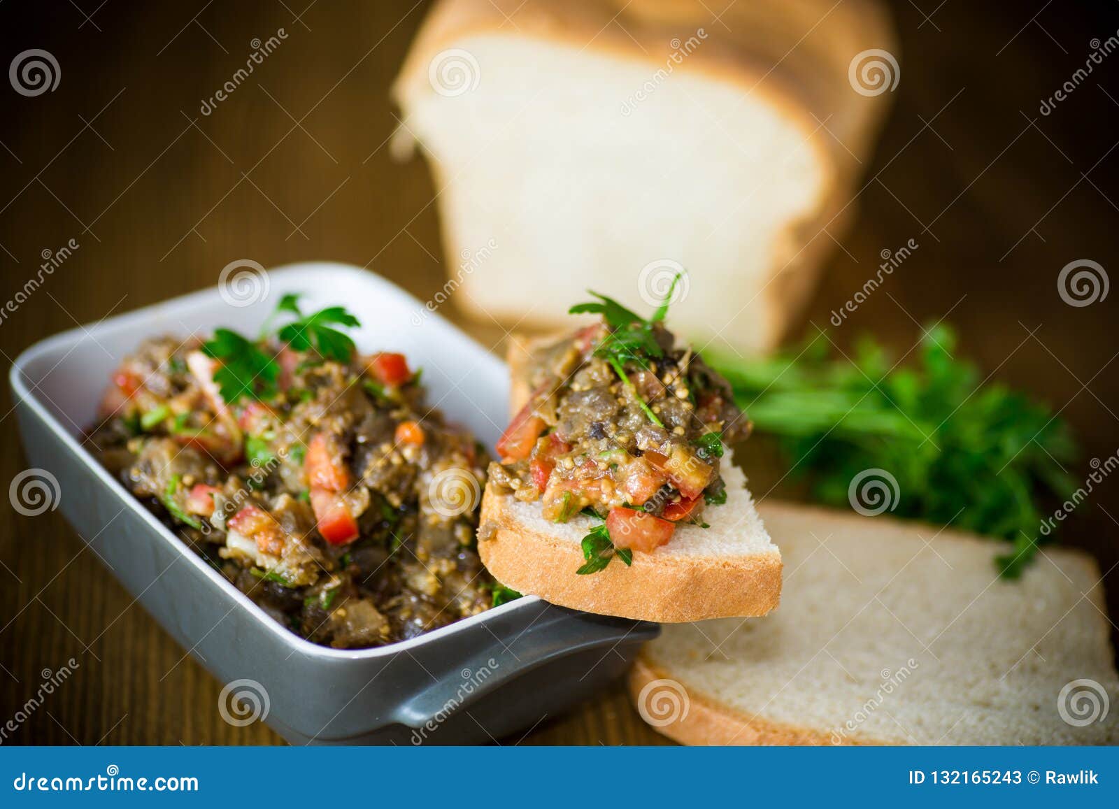 Eggplant Caviar with Tomatoes and a Slice of Bread Stock Image Image