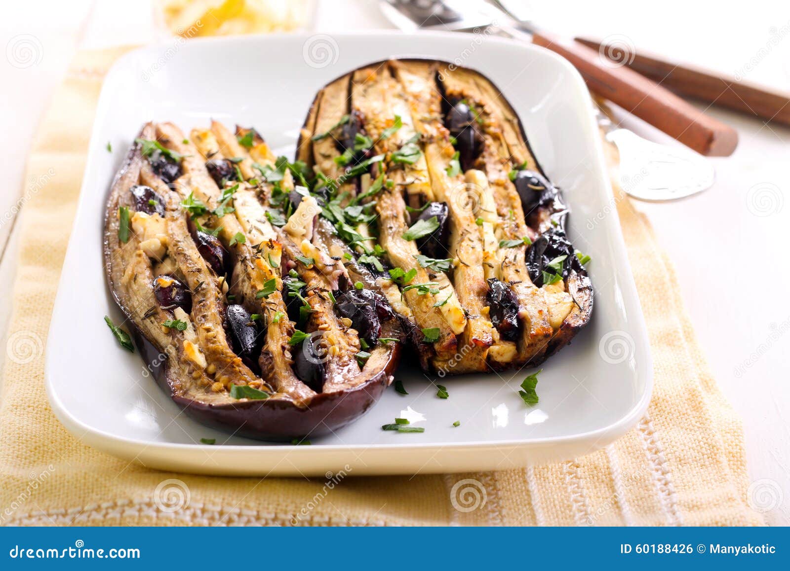 Eggplant with Feta Cheese and Black Grapes Stock Photo Image of snack
