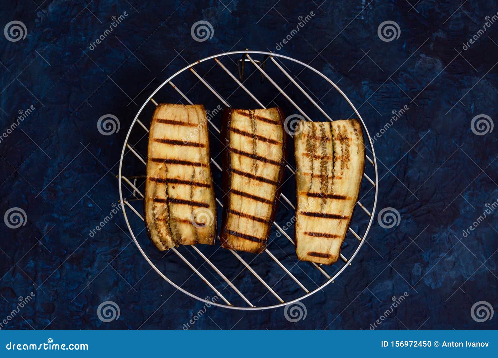 Eggplant on a Grill on a Dark Background on Pan Stock Photo Image of