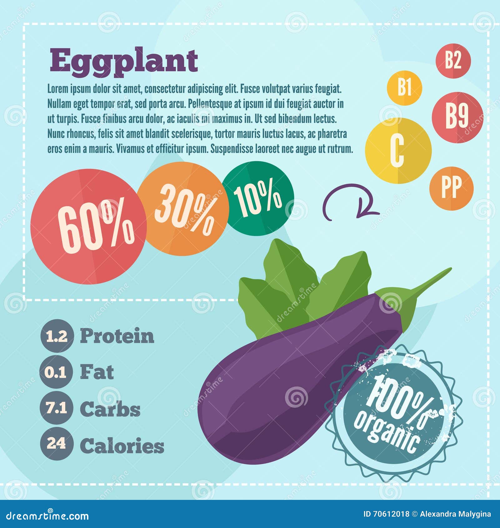 Eggplant Infographics and Vitamins in a Flat Style Stock Vector