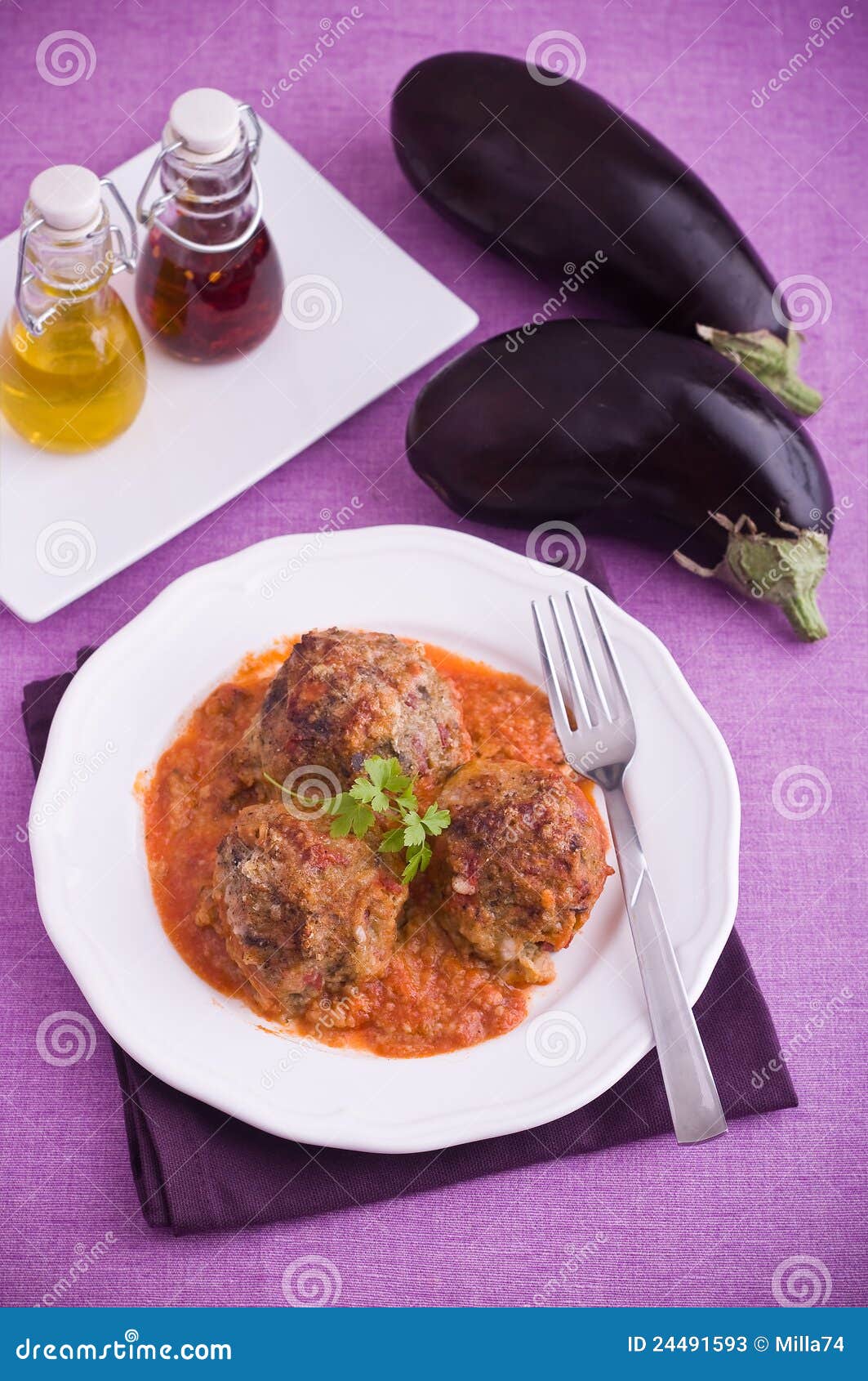 Eggplant meatballs. stock image. Image of fork, flavouring 24491593