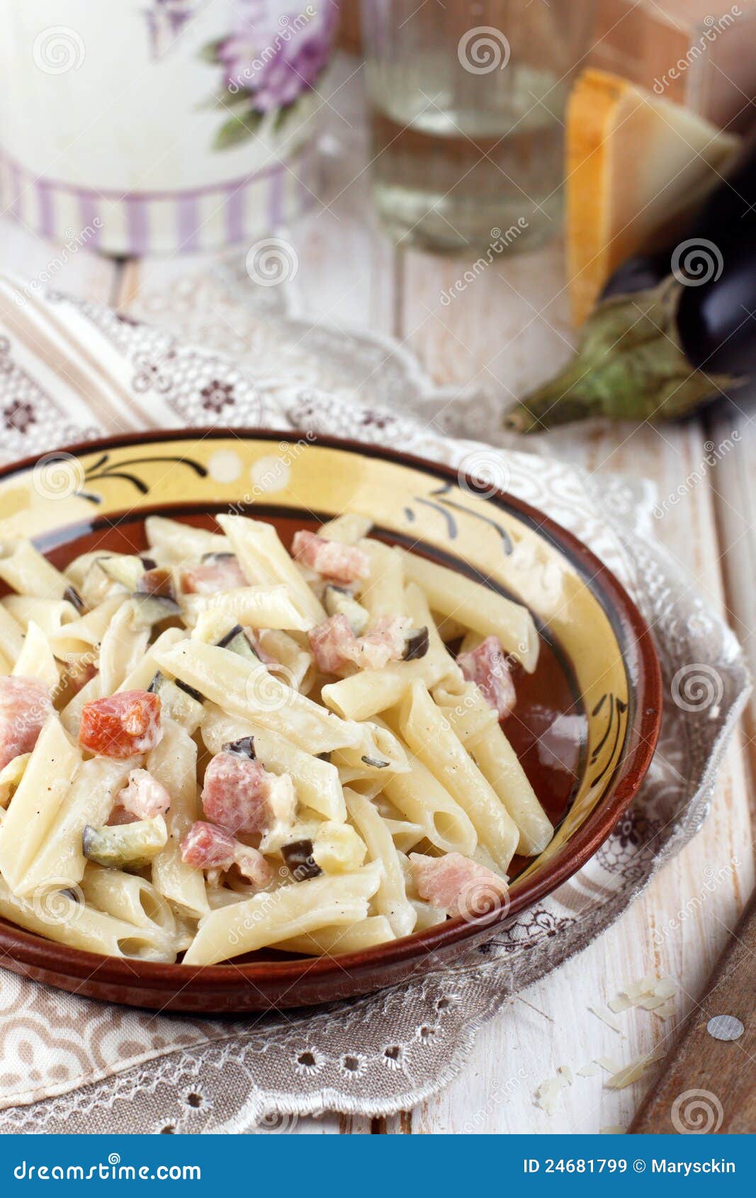 Eggplant, Pancetta and Parmesan Pasta Stock Image Image of food