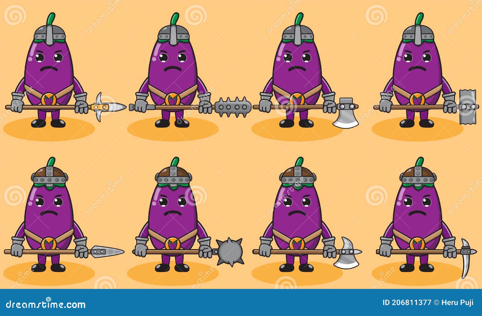 Cute Eggplant Knight. Cute and Funny Fruit Set. Two Handed Weapons and Hand Down Pose. Stock