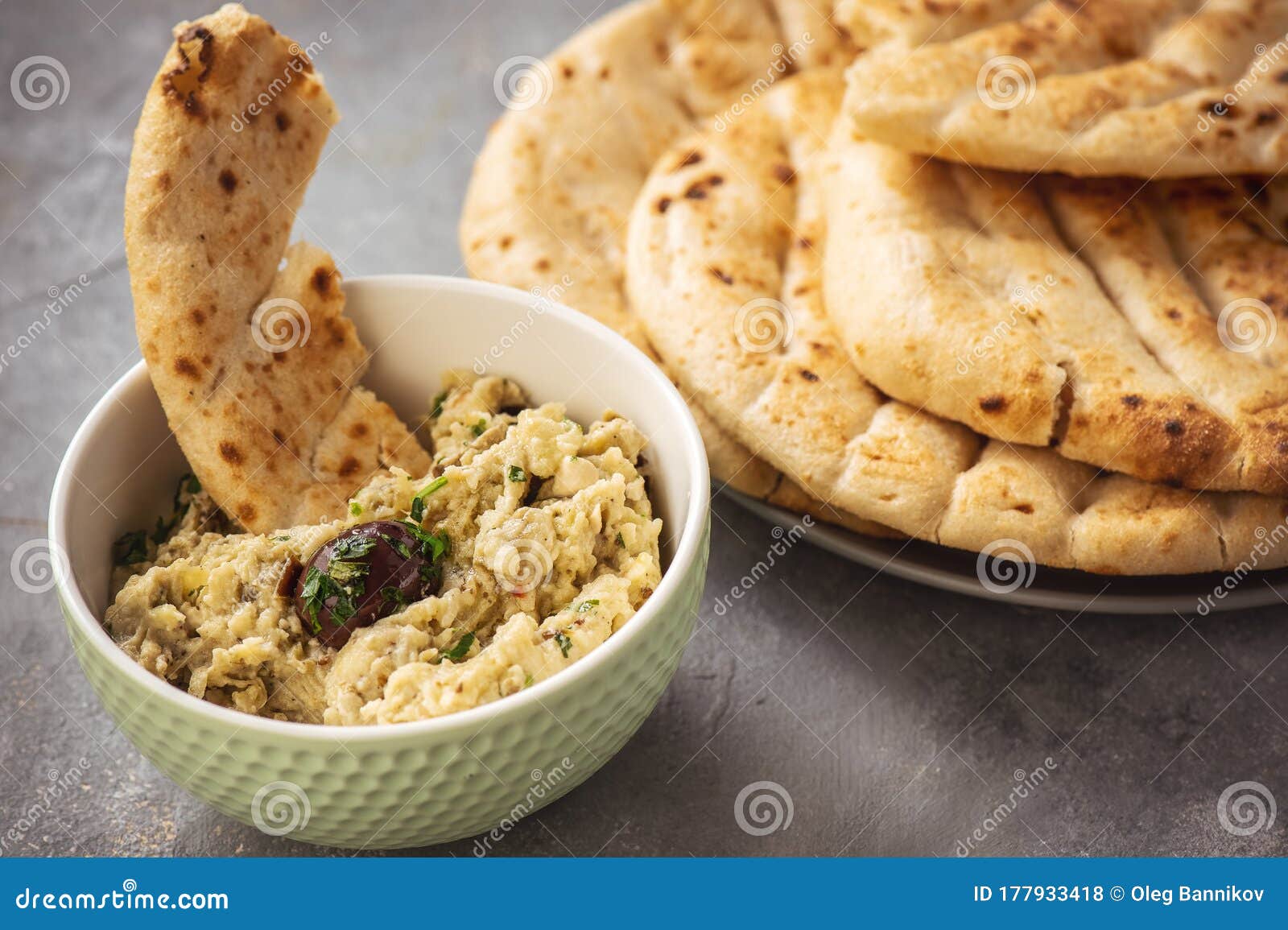 Eggplant Spread with Pita Bread, Greek Cuisine. Stock Photo Image of