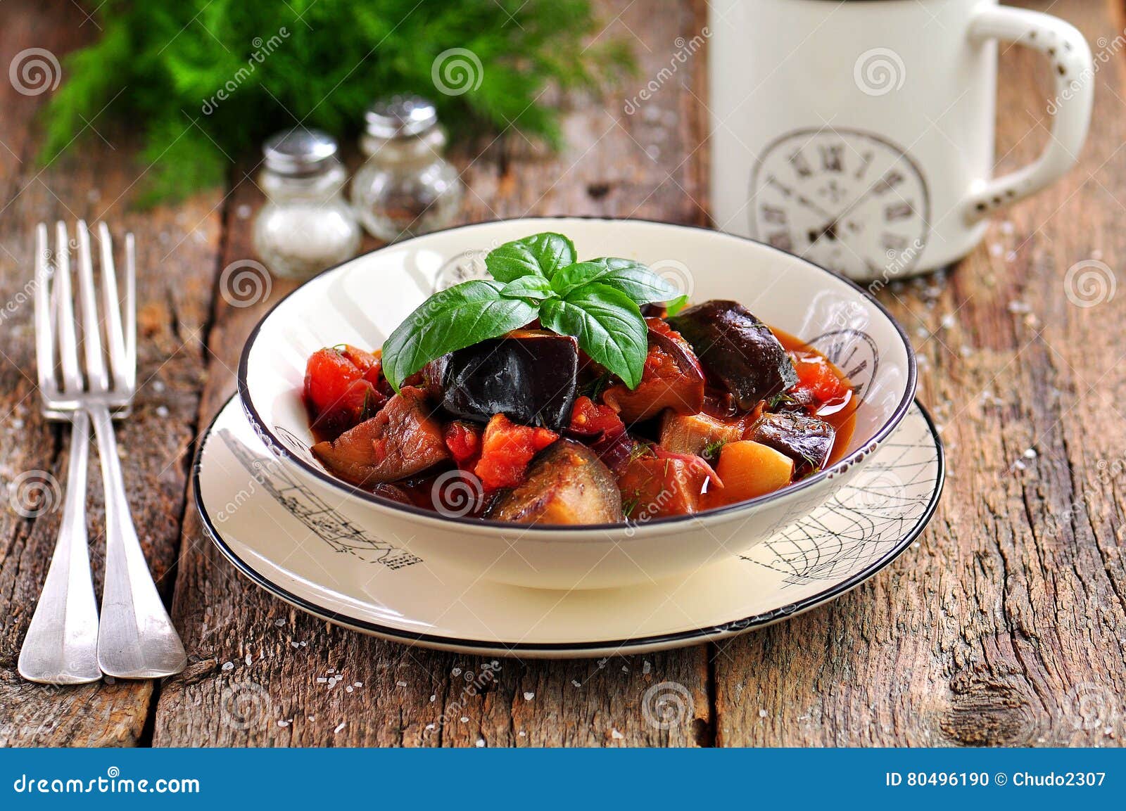 Eggplant Stewed with Red Onion, Tomato and Dill. Rustic Style Stock