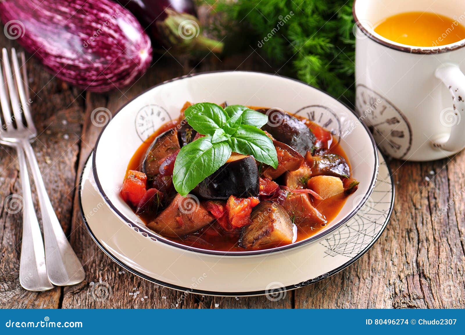 Eggplant Stewed with Red Onion, Tomato and Dill. Rustic Style Stock