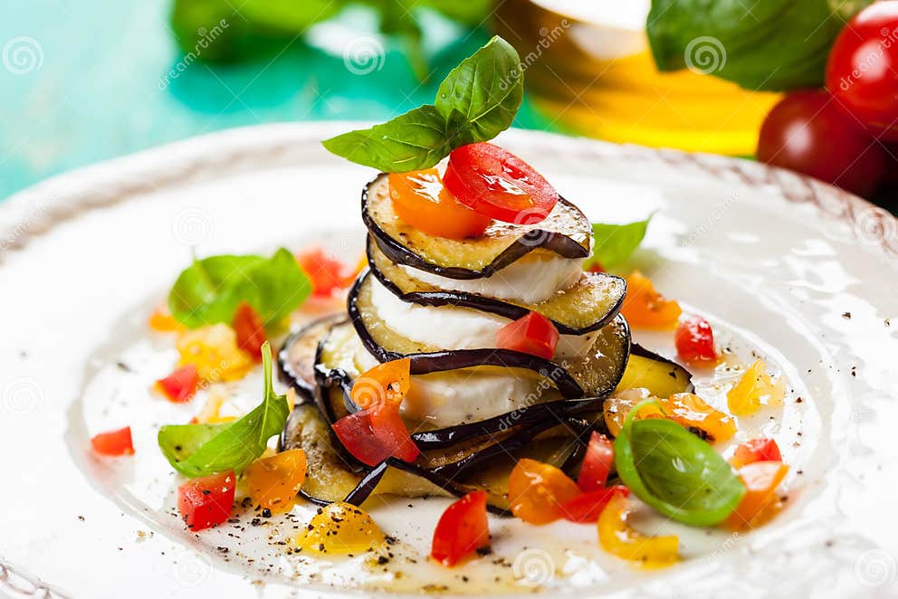 Eggplant, Tomato and Mozzarella Stacks Stock Image Image of aubergine