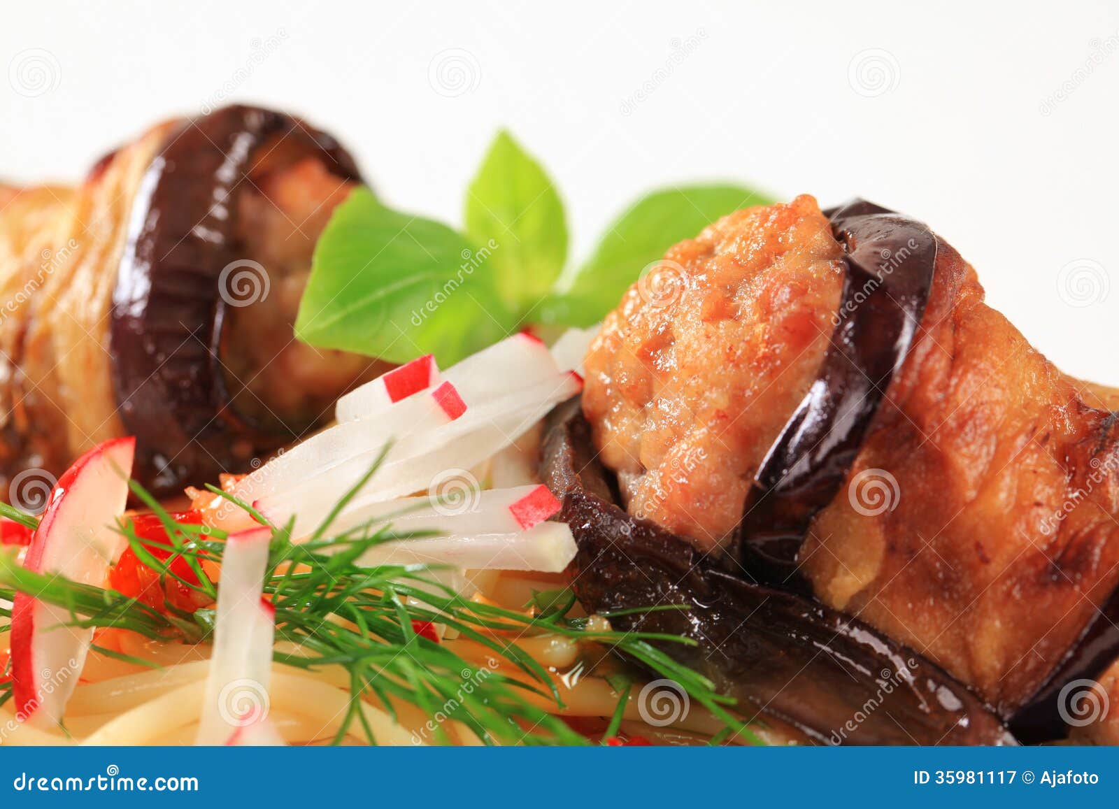 Eggplant Wrapped Meatballs with Spaghetti Stock Image Image of pork
