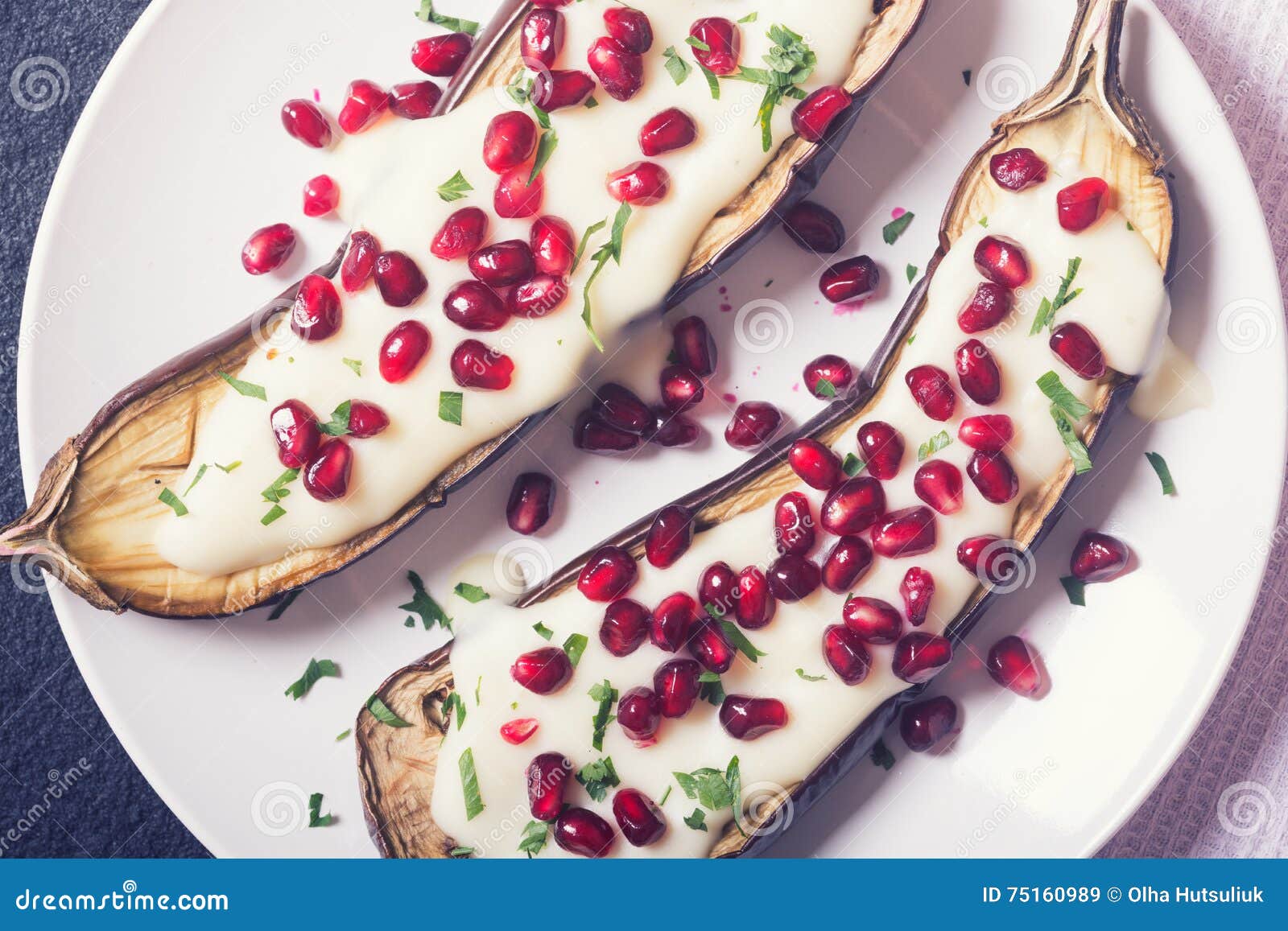 Eggplants with Garlic Yogurt Sauce Stock Image Image of pomegranate