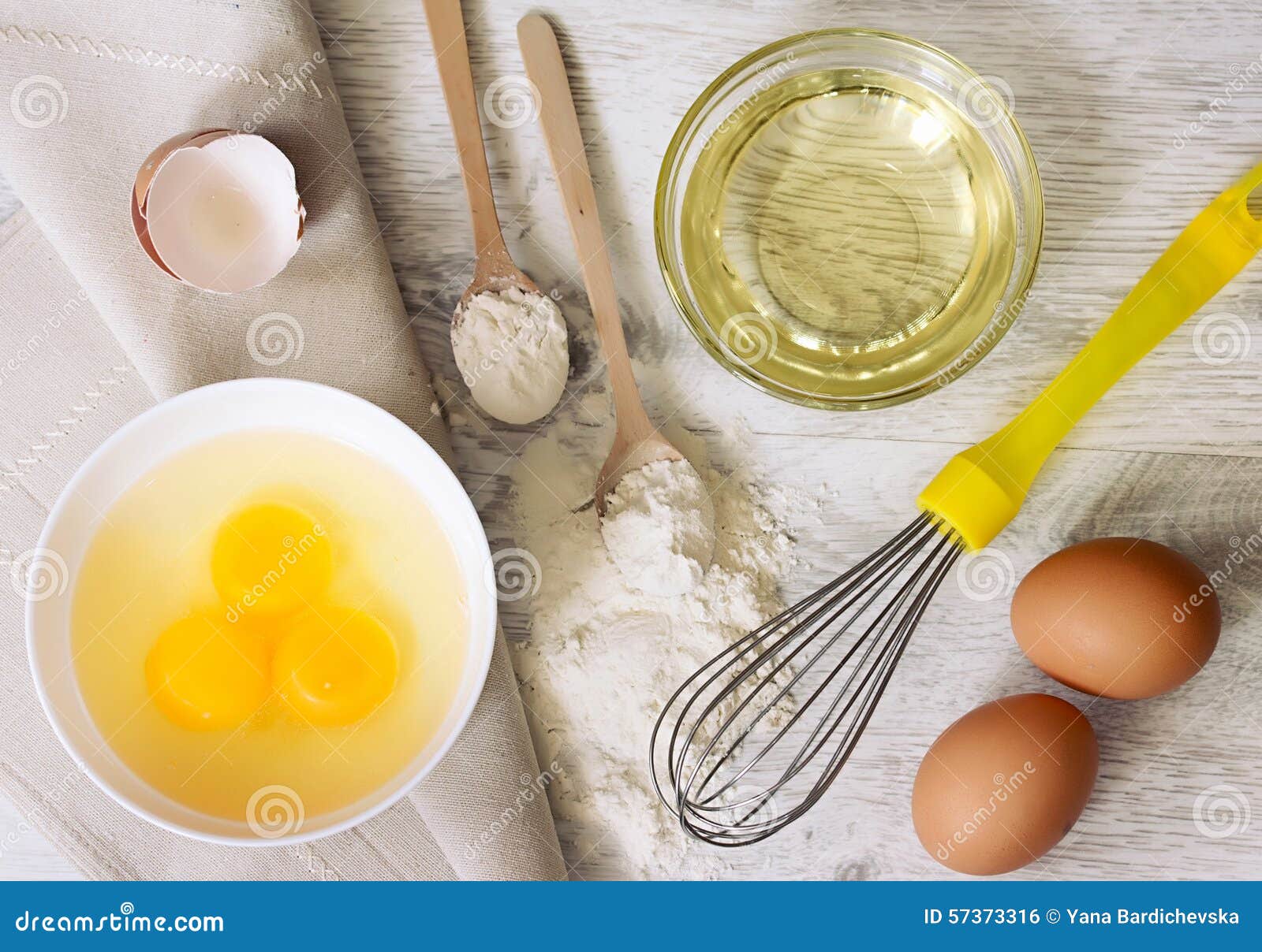 Eggs,oil, Flour Raw Ingredients Up View. Stock Photo Image of view
