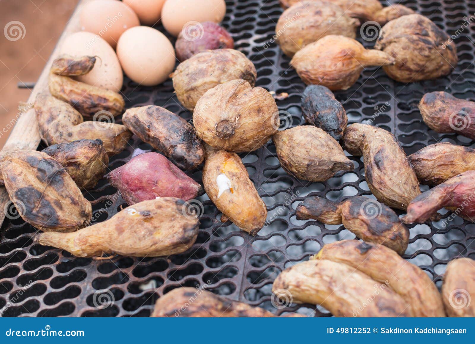 Eggs and Potato on the Grill Stock Photo Image of wood, vegetable