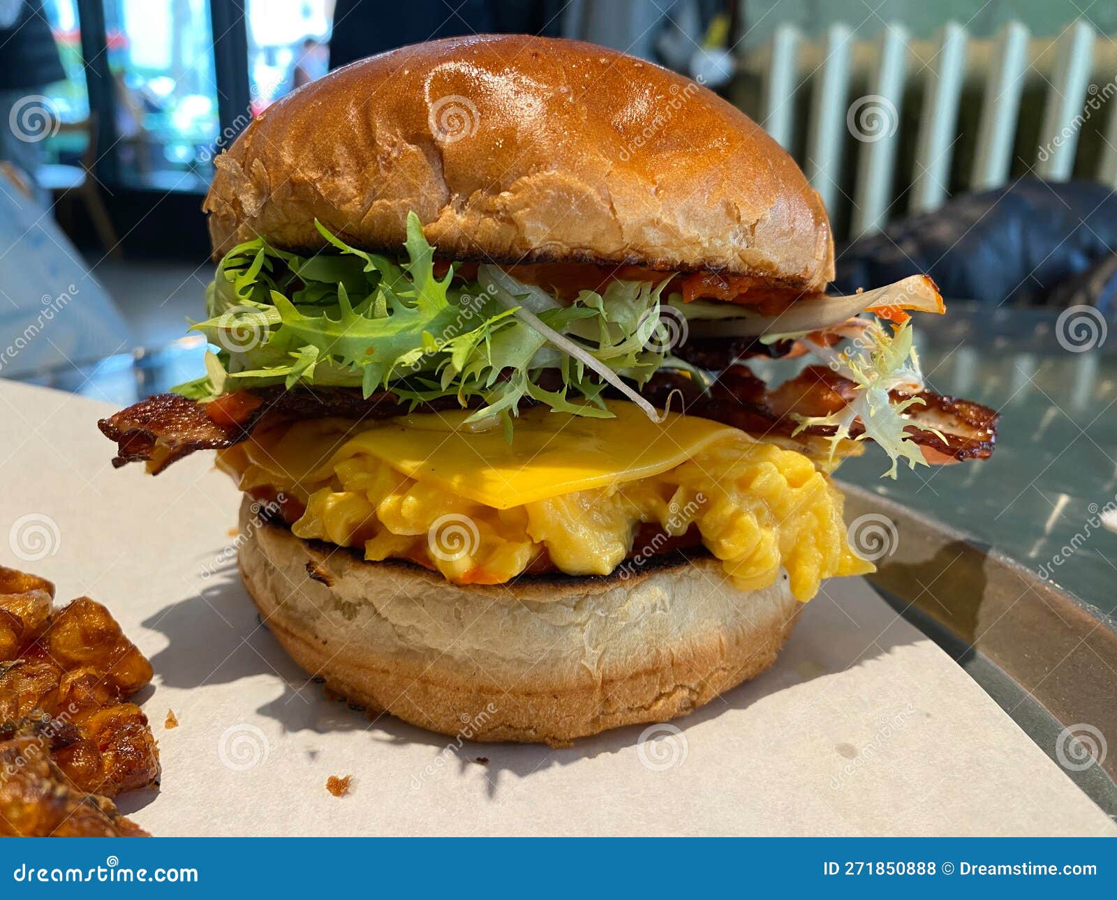 Eggslut Burger with Bacon and Corn Fritters Stock Photo Image of