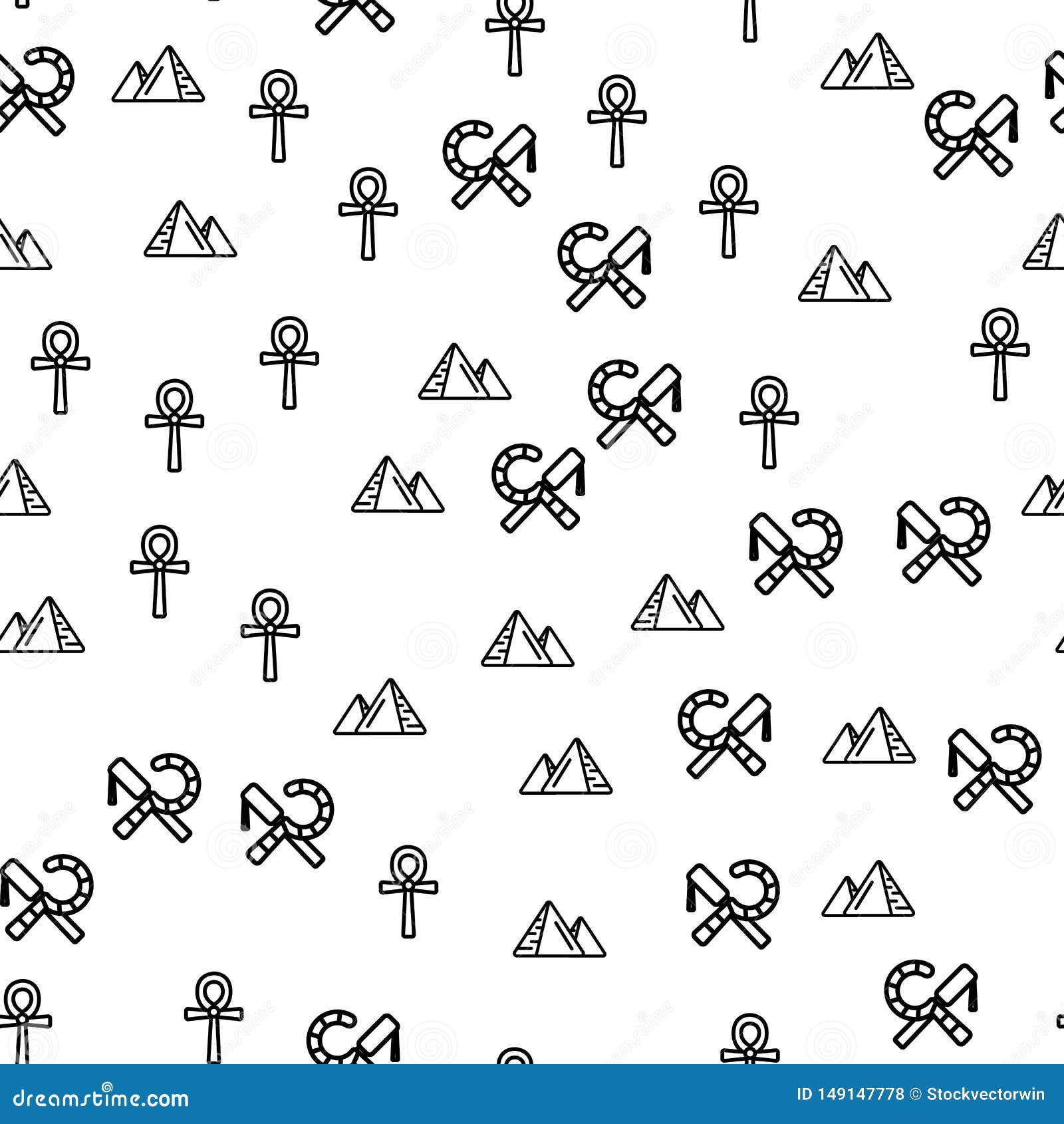 Egipt symbole I Celowniczy Bezszwowy Deseniowy wektor. Egypt Symbols And Sight Seamless Pattern Vector. Pyramids, Religious Sign Of Ancient Egyptian Cross Ankh, Crook And Flail Symbols Monochrome Texture Icons. Template Flat Illustration