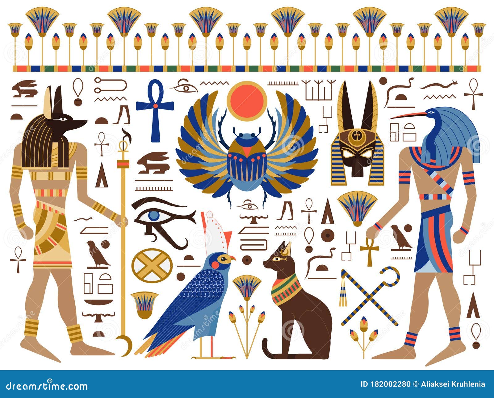 Flat Ancient Egyptian Symbols And Gods Set Stock Vector