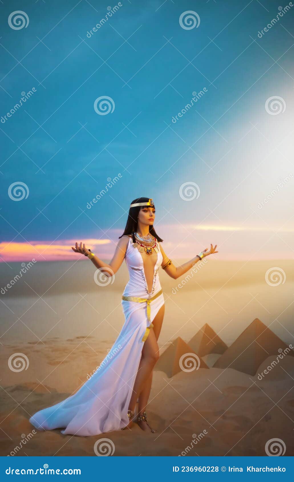 Egypt Woman Pagan Prays Hands Raised To Heaven Blue Sky Sexy Girl Egyptian Goddess Queen