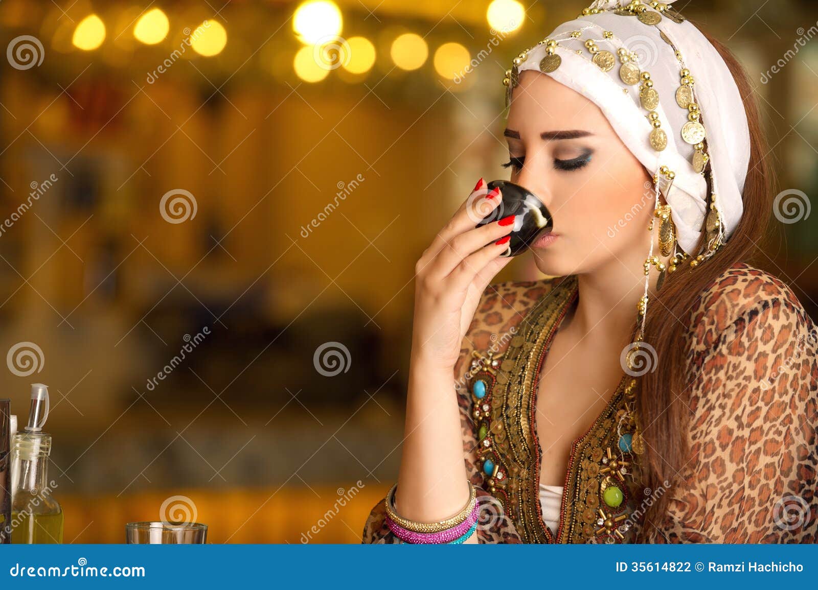 Egyptian Beautiful Woman Drinking Coffee Stock Photo Image of