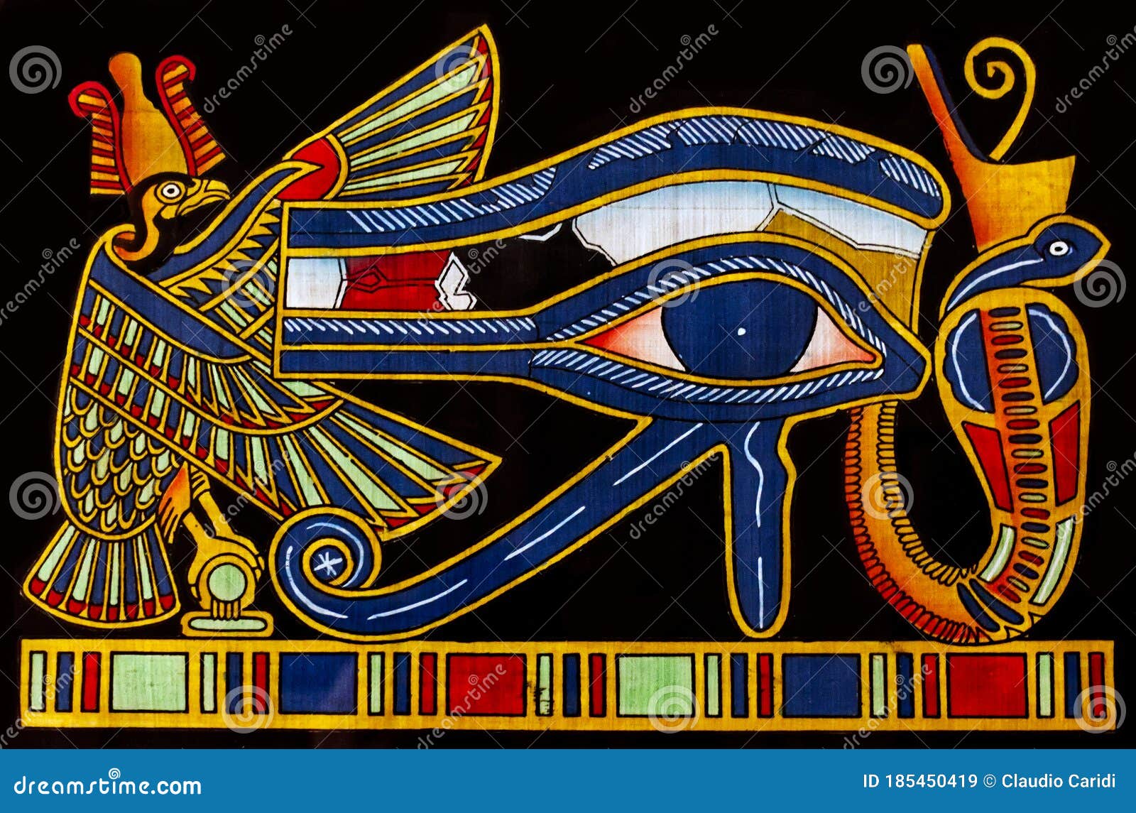egyptian papyrus with the eye of horus, also known as the eye of god ra.