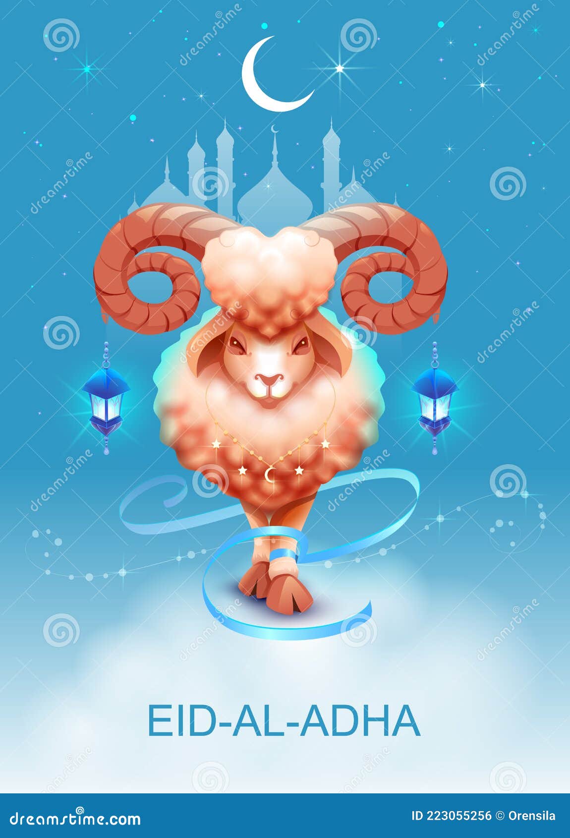 eid al adha feast of the sacrifice greeting card template. lamb sacrifice night sky crescent mosque sacred lamp