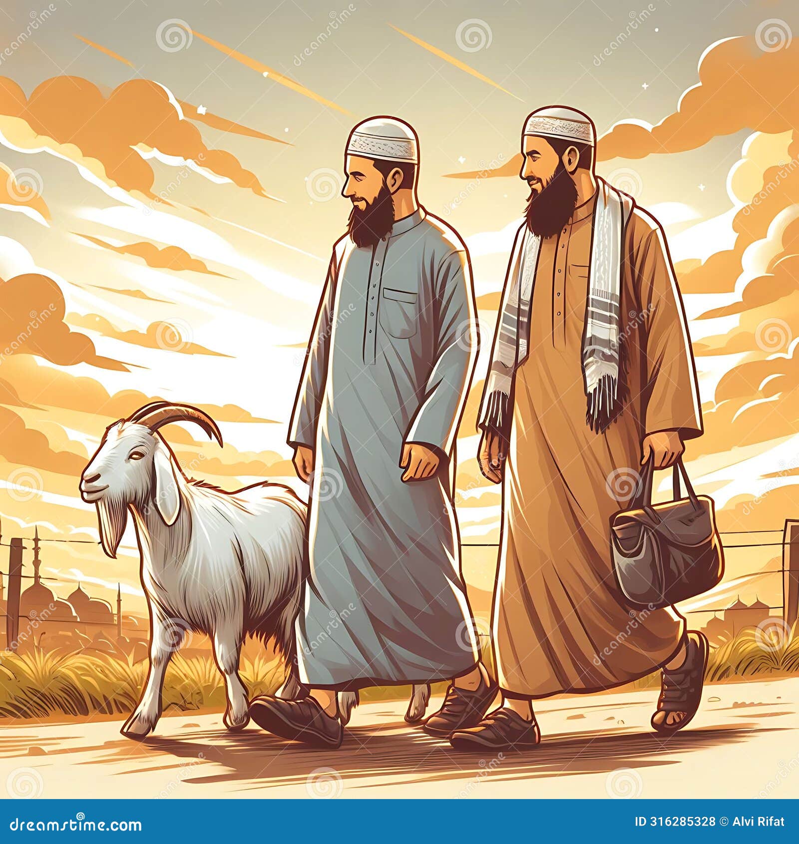 Eid Al-adha Illustration with Goat and Man, Image is Generated with the Use  of AI. Stock Illustration - Illustration of adha, goat: 316285328