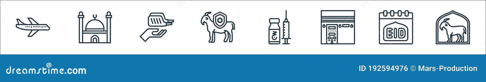 eid al adha line icons. linear set. quality  line set such as goat, calendar, kaaba, vaccine, goat, almsgiving, mosque