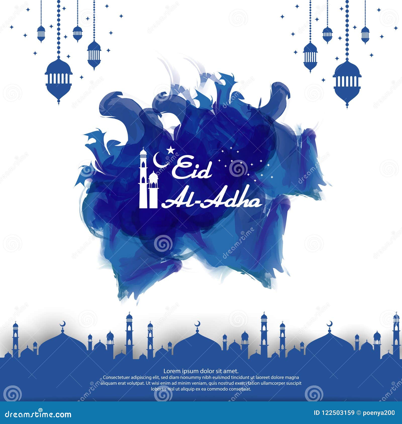 eid al adha mubarak islamic greeting card . abstract blue watercolor  with dome mosque ornament and hanging lantern el