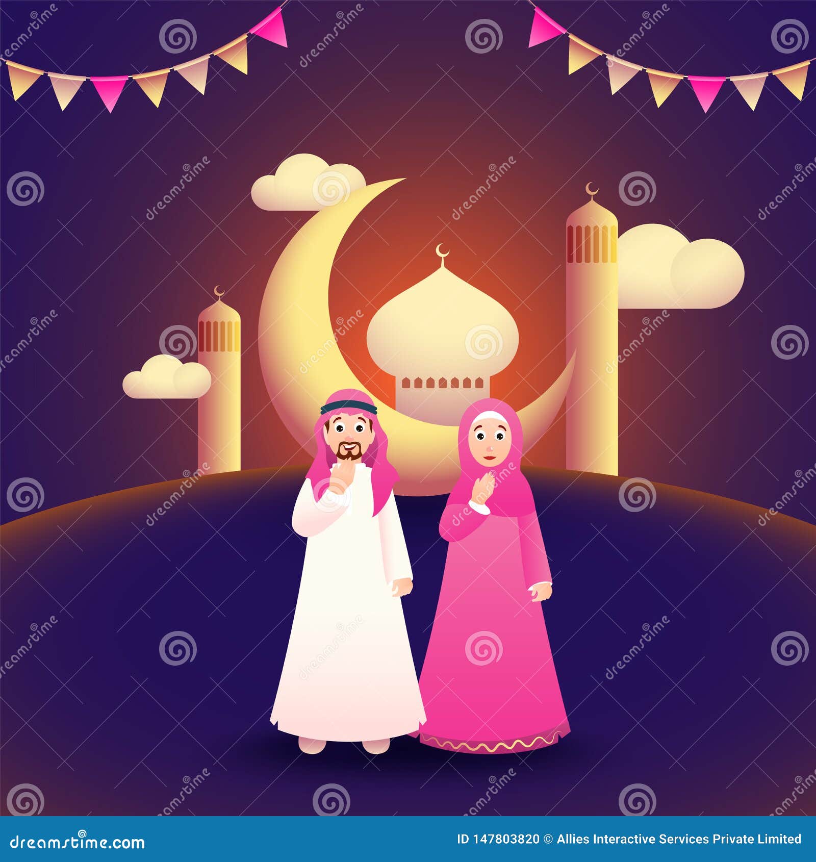 Eid Mubarak Celebration Concept with Cartoon Character of Muslim Man and  Woman in Front of Moon and Mosque for Poster or Banner Stock Illustration -  Illustration of header, allah: 147803820