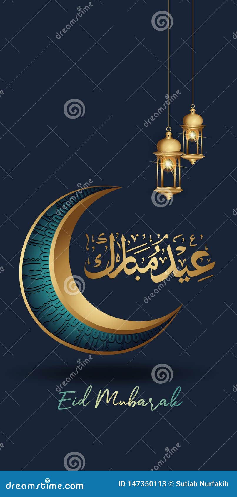 Eid Mubarak with Golden Luxurious Crescent Moon and Traditional Lantern ...