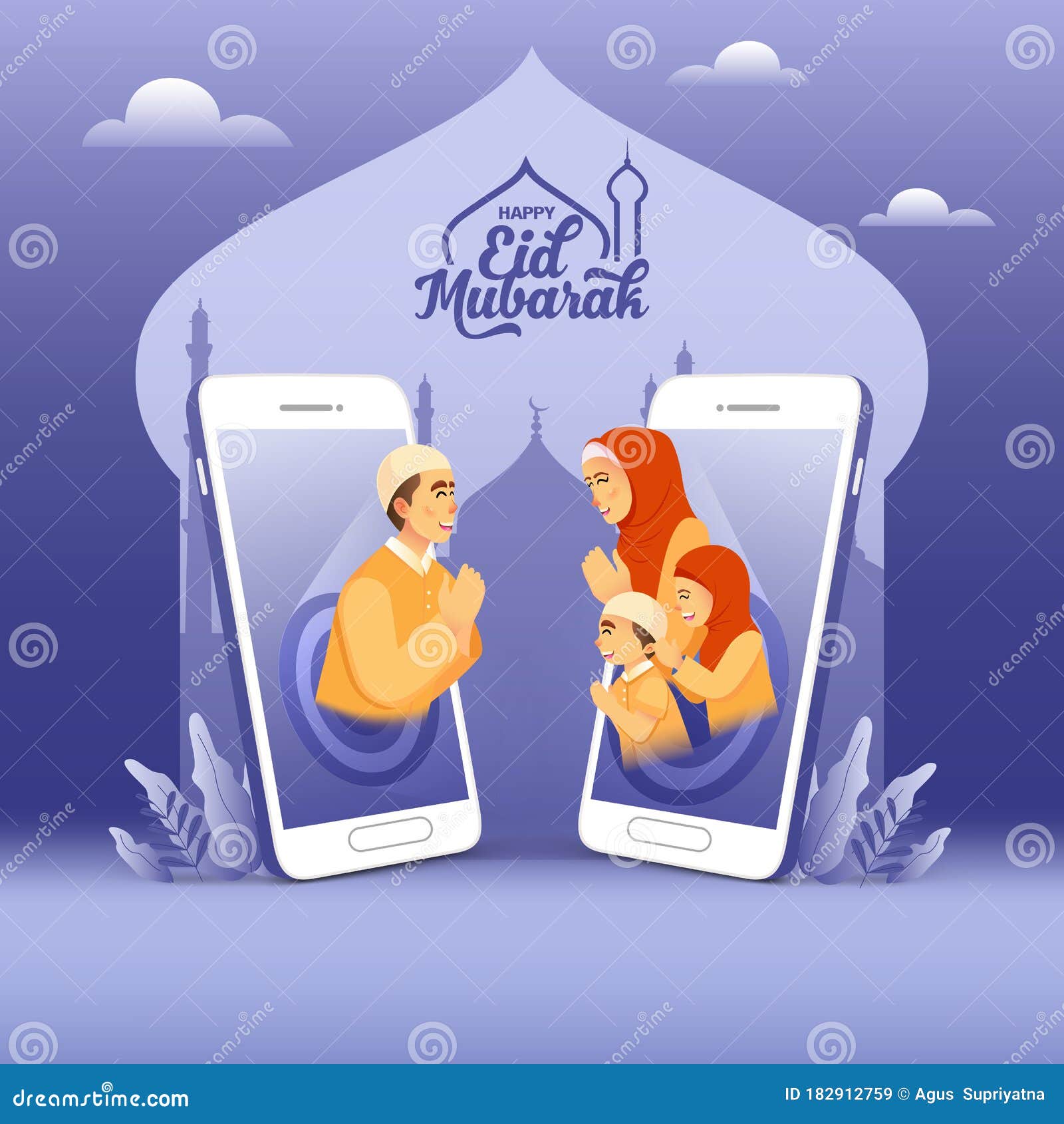 eid mubarak greeting card. father talking to family using