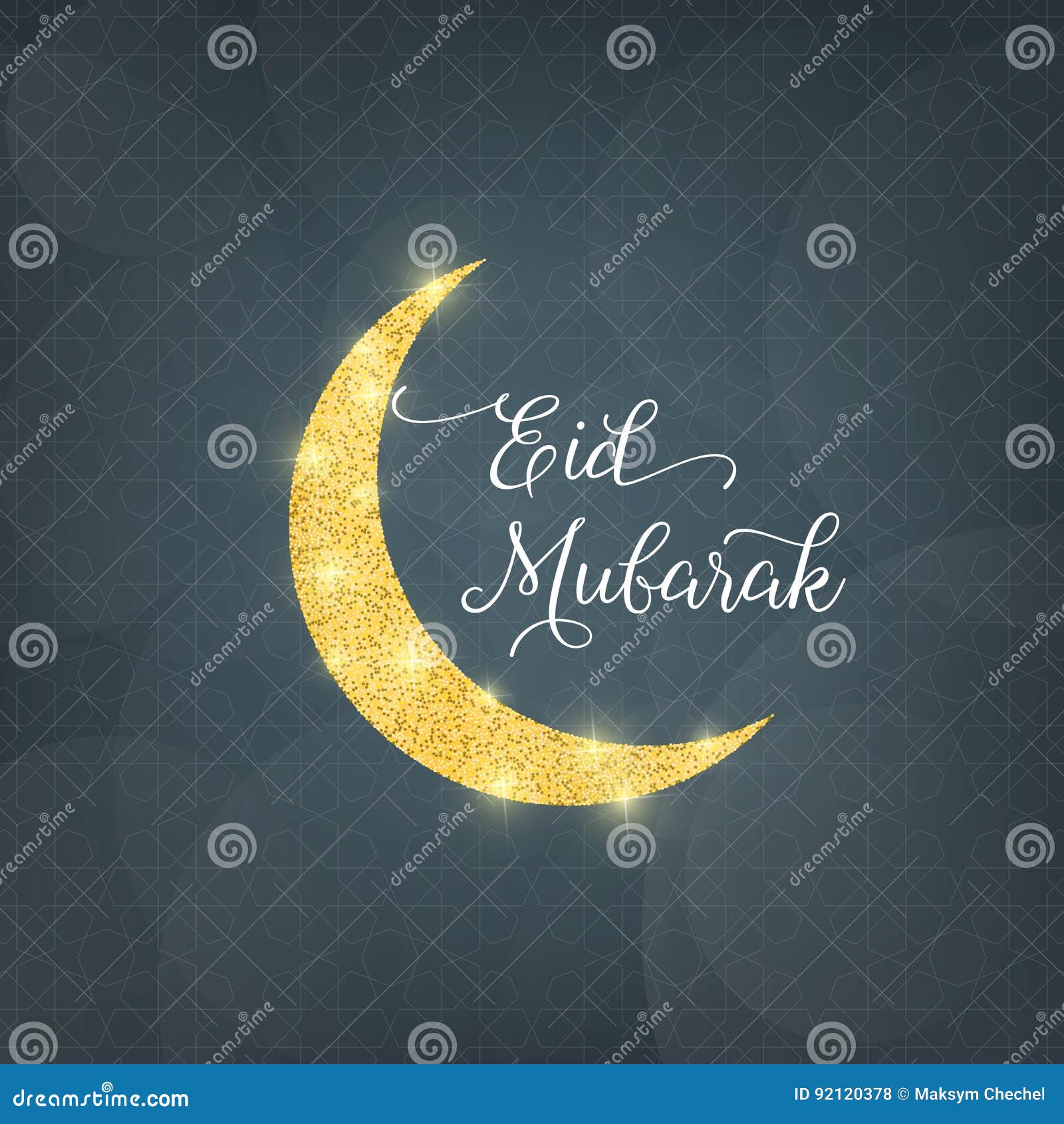 Eid Mubarak. Illustration With Gold Glitter Moon. Card For Islamic