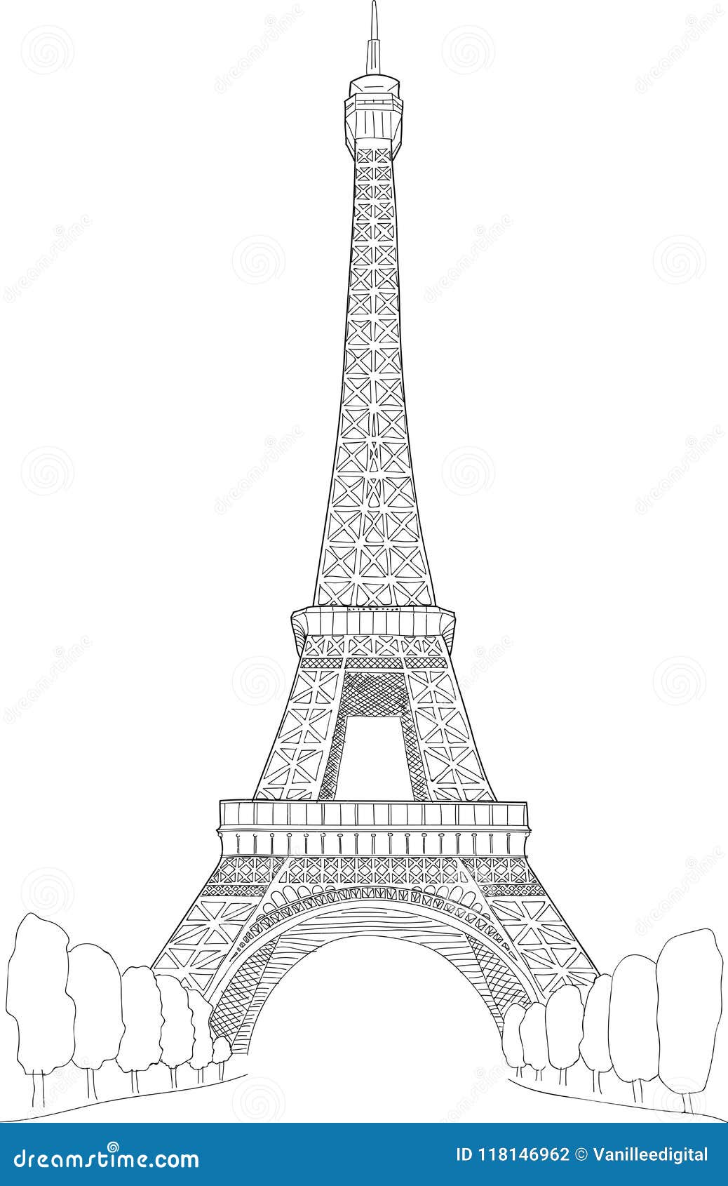 Eiffel Tower Free Hand Drawing Sketch, France Paris Famous Building