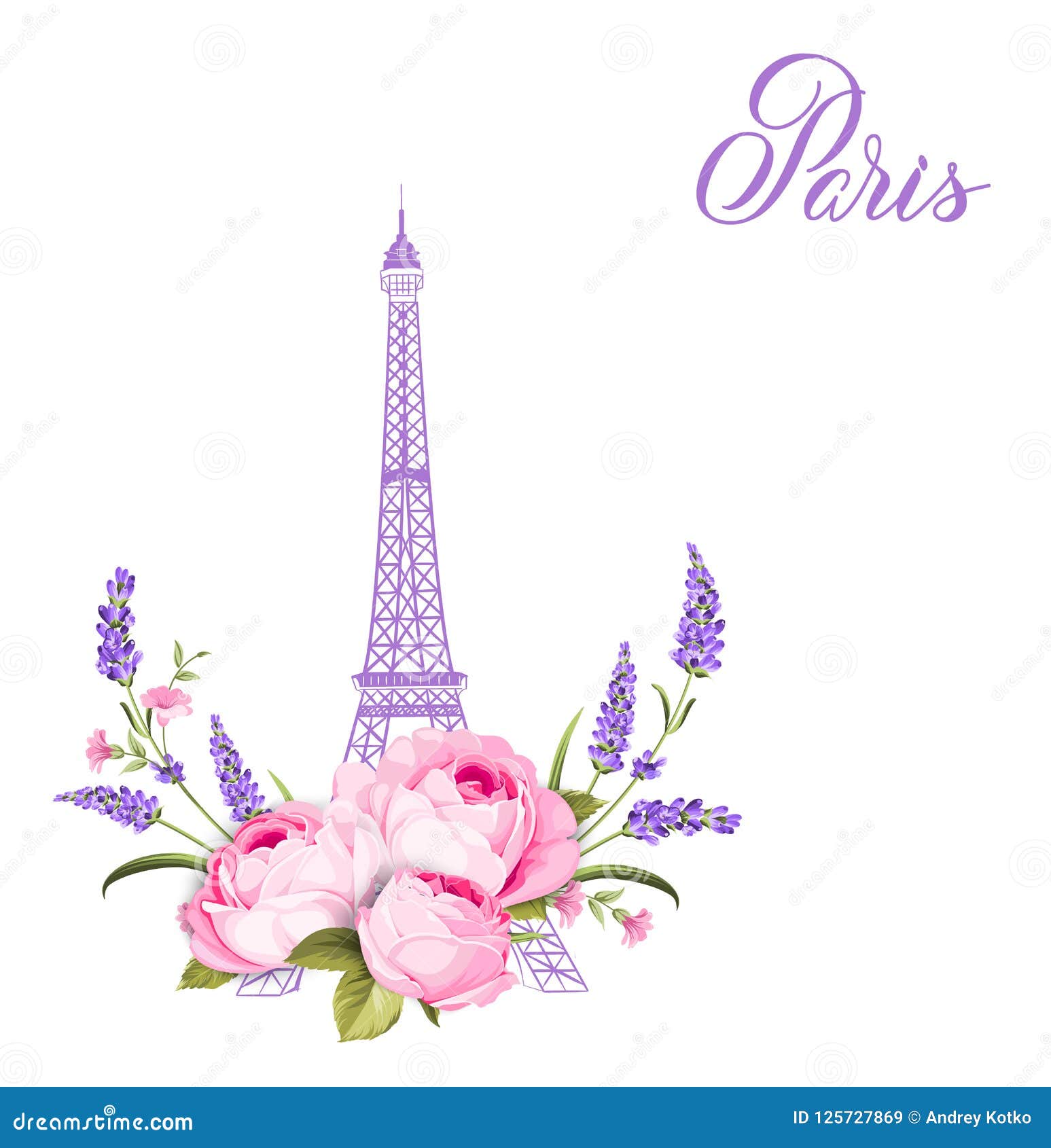 Eiffel Tower with Lavender Flowers Isolated Over White Background. the ...