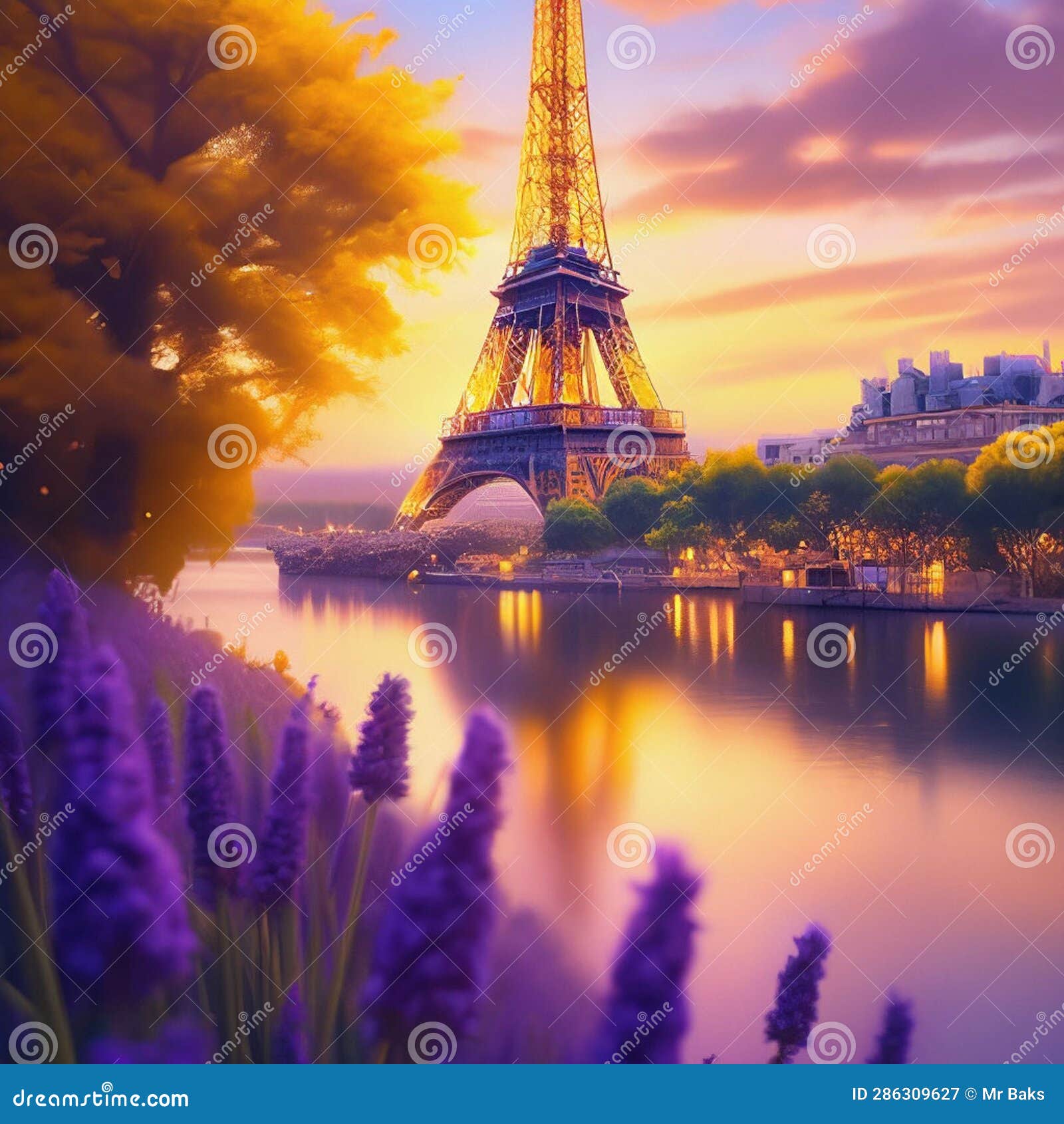 The Eiffel Tower in Paris, France, at Sunset. Stock Illustration ...