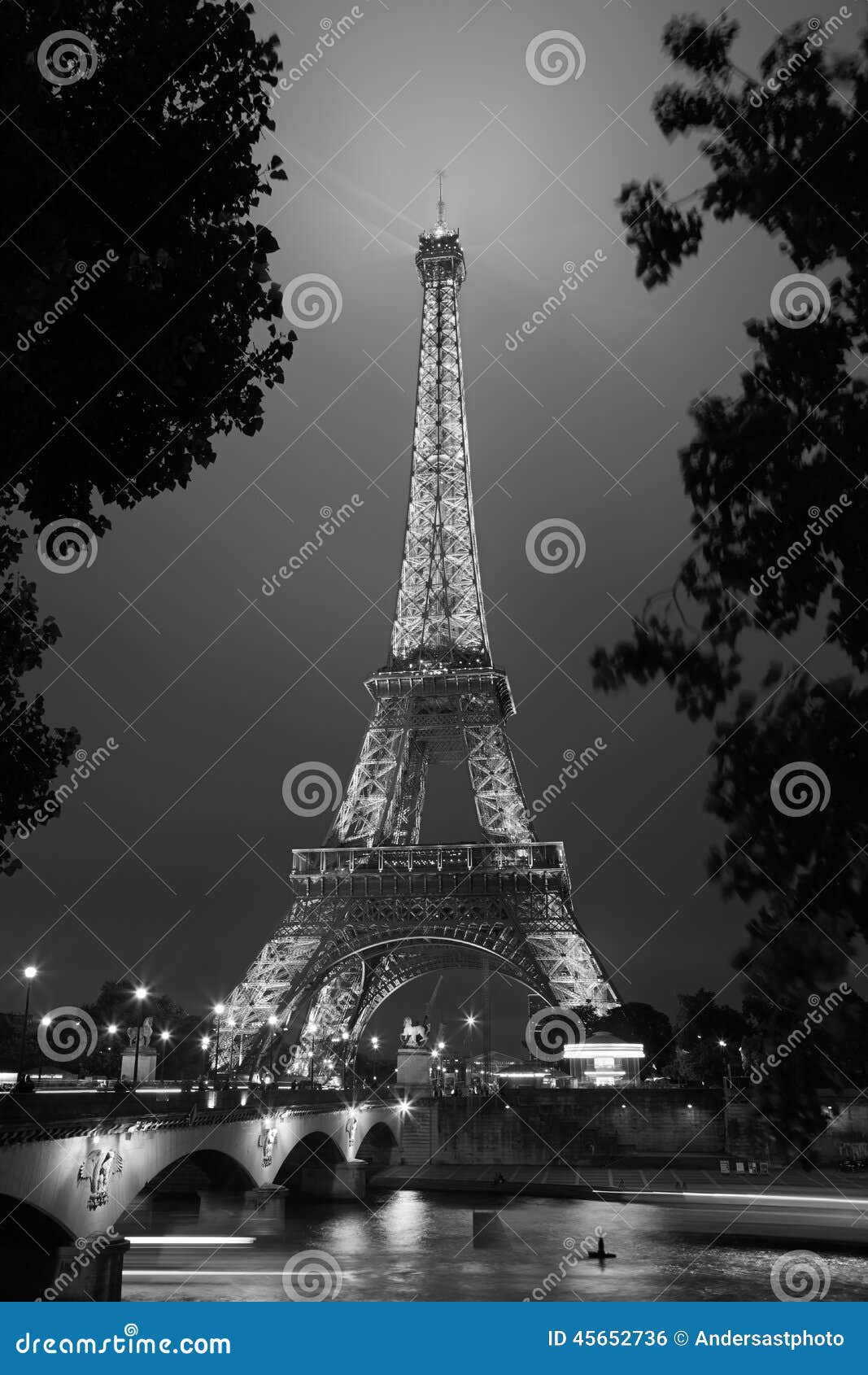 Eiffel Tower in Paris at Night, Black and White Editorial Photo Image