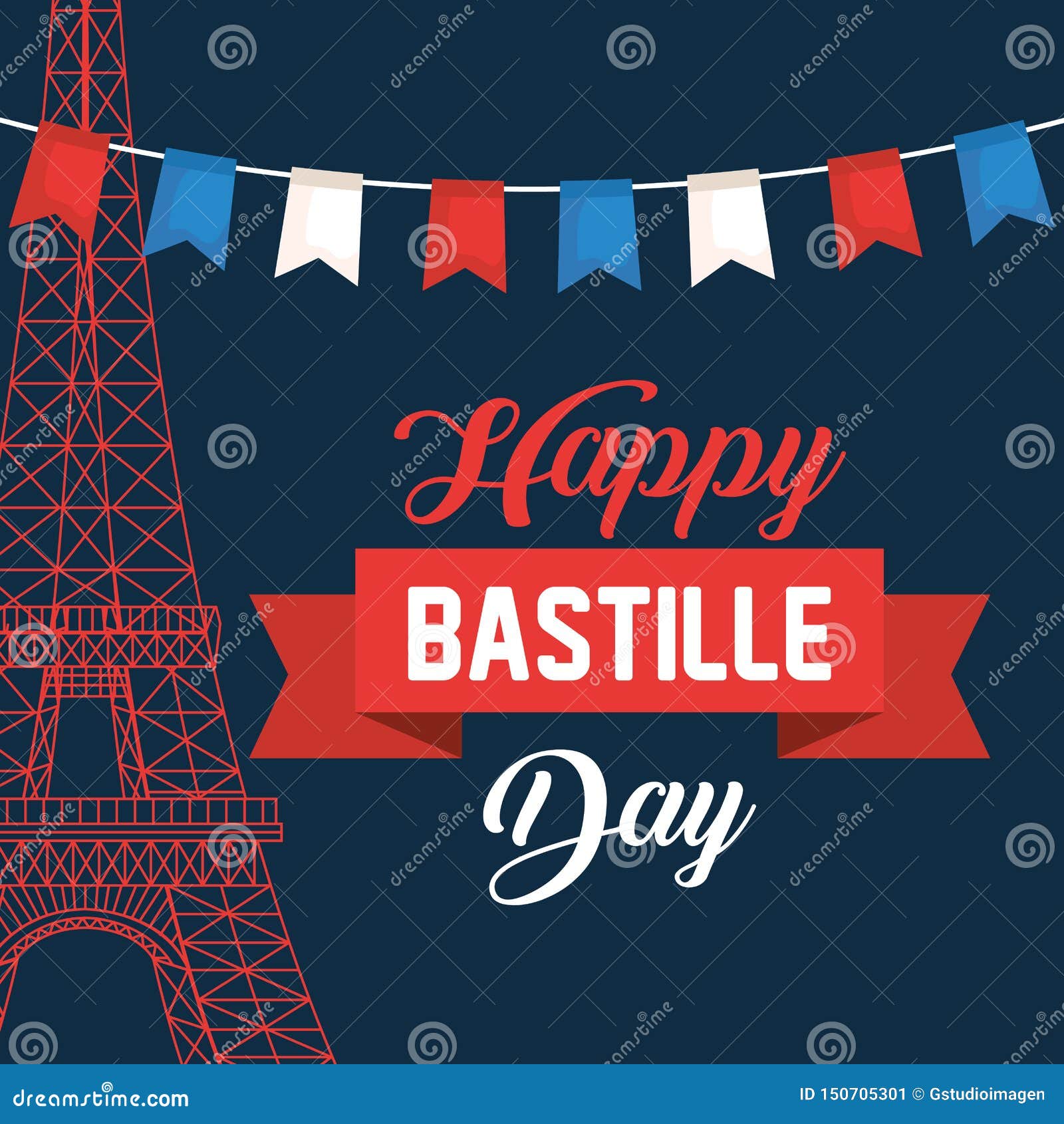 Eiffel Tower with Party Banner and Ribbon Stock Illustration ...