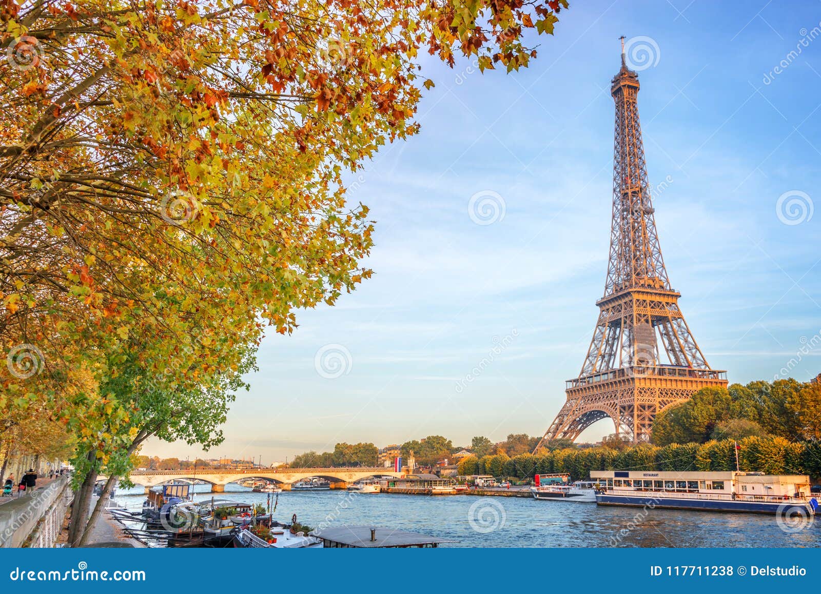 Eiffel Tower and the River Seine, Yellow Automnal Trees, Paris France