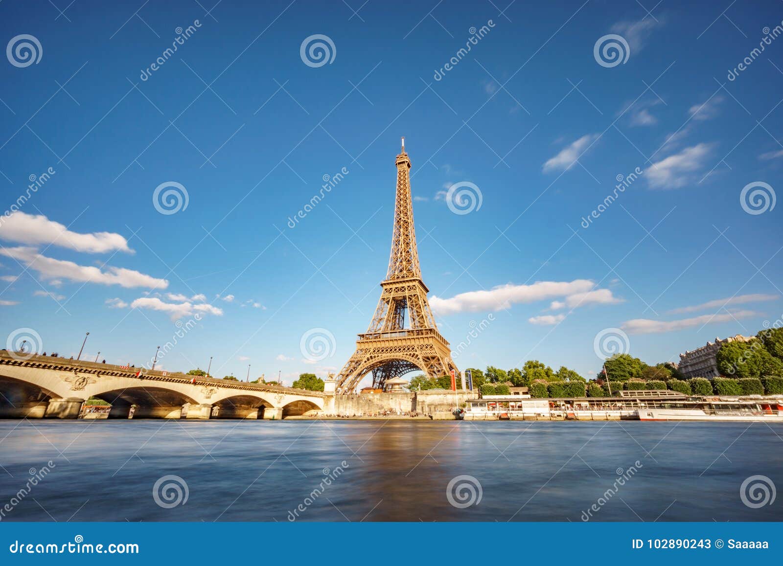 The Eiffel Tower and Seine River Wide Angle in Paris Stock Image