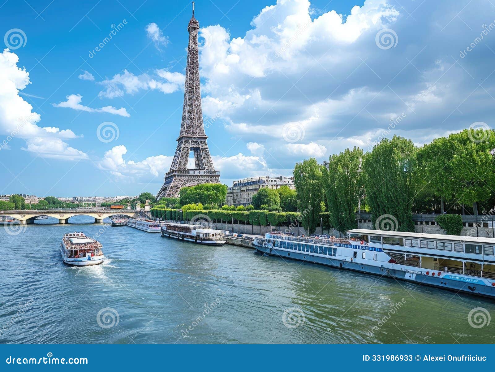 the eiffel tower stands beautiful amidst trees and a river in paris