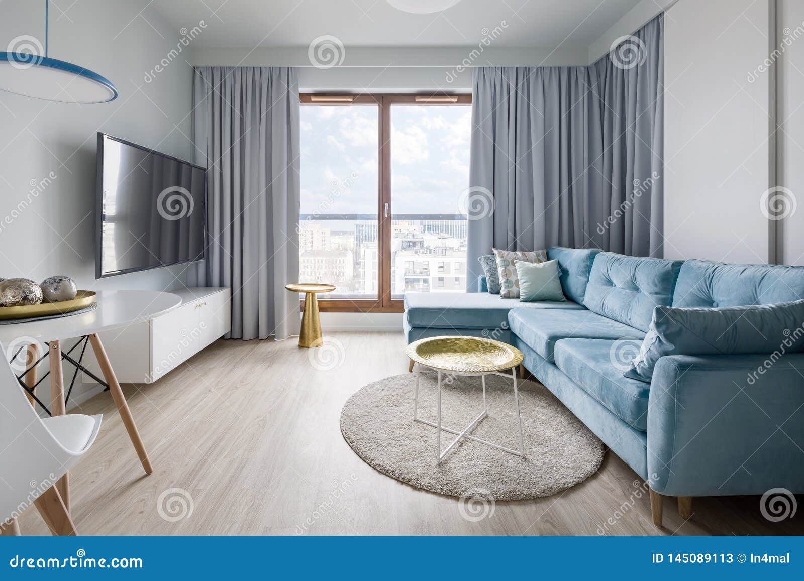 Eigentijdse Woonkamer in Blauw, Grijs En Wit Stock Afbeelding - of groot, flat: 145089113
