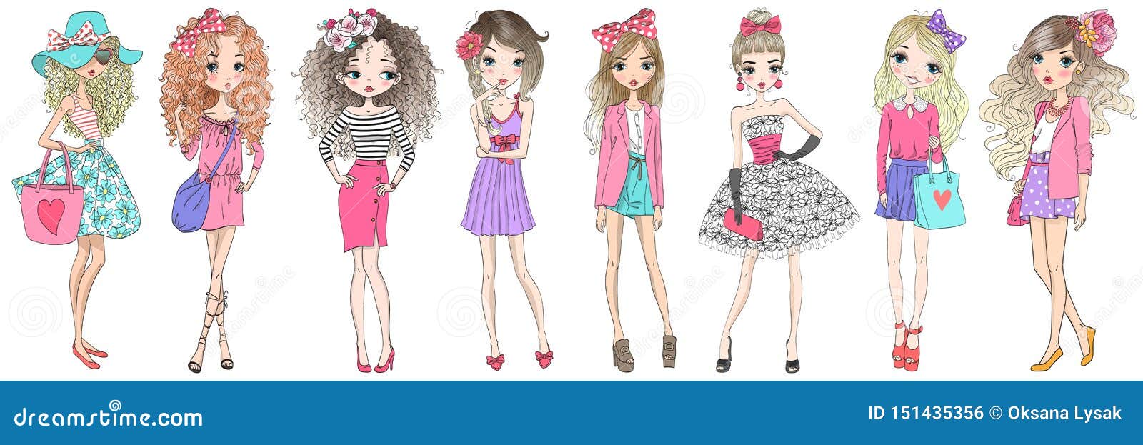 eight hand drawn beautiful cute cartoon summer fasshion girls.