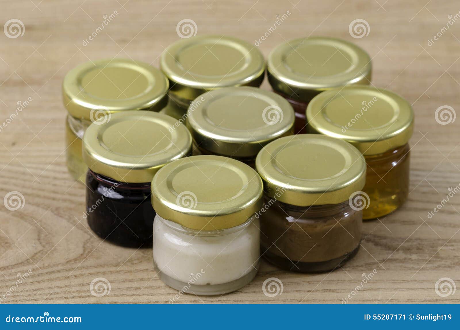 Eight Small Jars of Honey of Differents Flavors Stock Image Image of