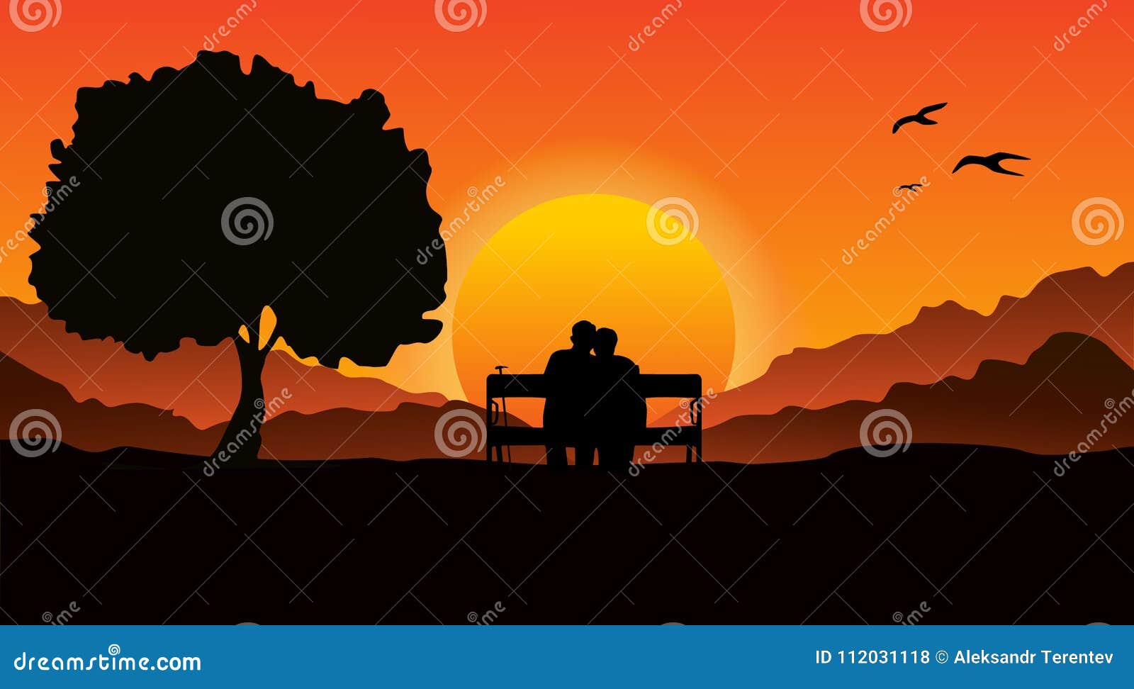 Ein Alteres Paar Das Auf Einer Bank In Einem Berggebiet Nahe Bei Einem Grossen Baum Sitzt Betrachten Sie Den Schonen Sonnenunter Vektor Abbildung Illustration Von Paar Berggebiet