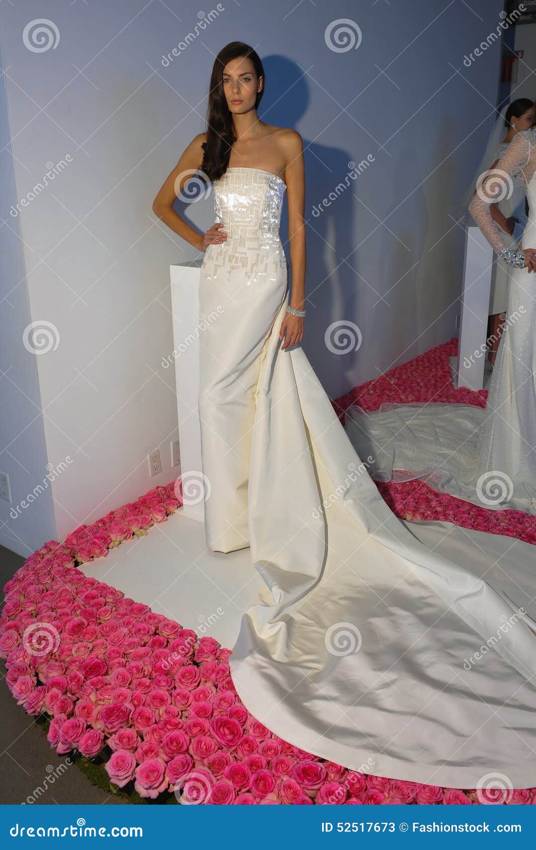 Ein Modell wirft während der Brautsammlung Pamella Roland Presentation des Fall-2015 auf. NEW YORK, NY - 13. OKTOBER: Ein Modell wirft während der Brautsammlung Pamella Roland Presentation des Fall-2015 an den Glashäusern am 13. Oktober 2014 in New York City auf