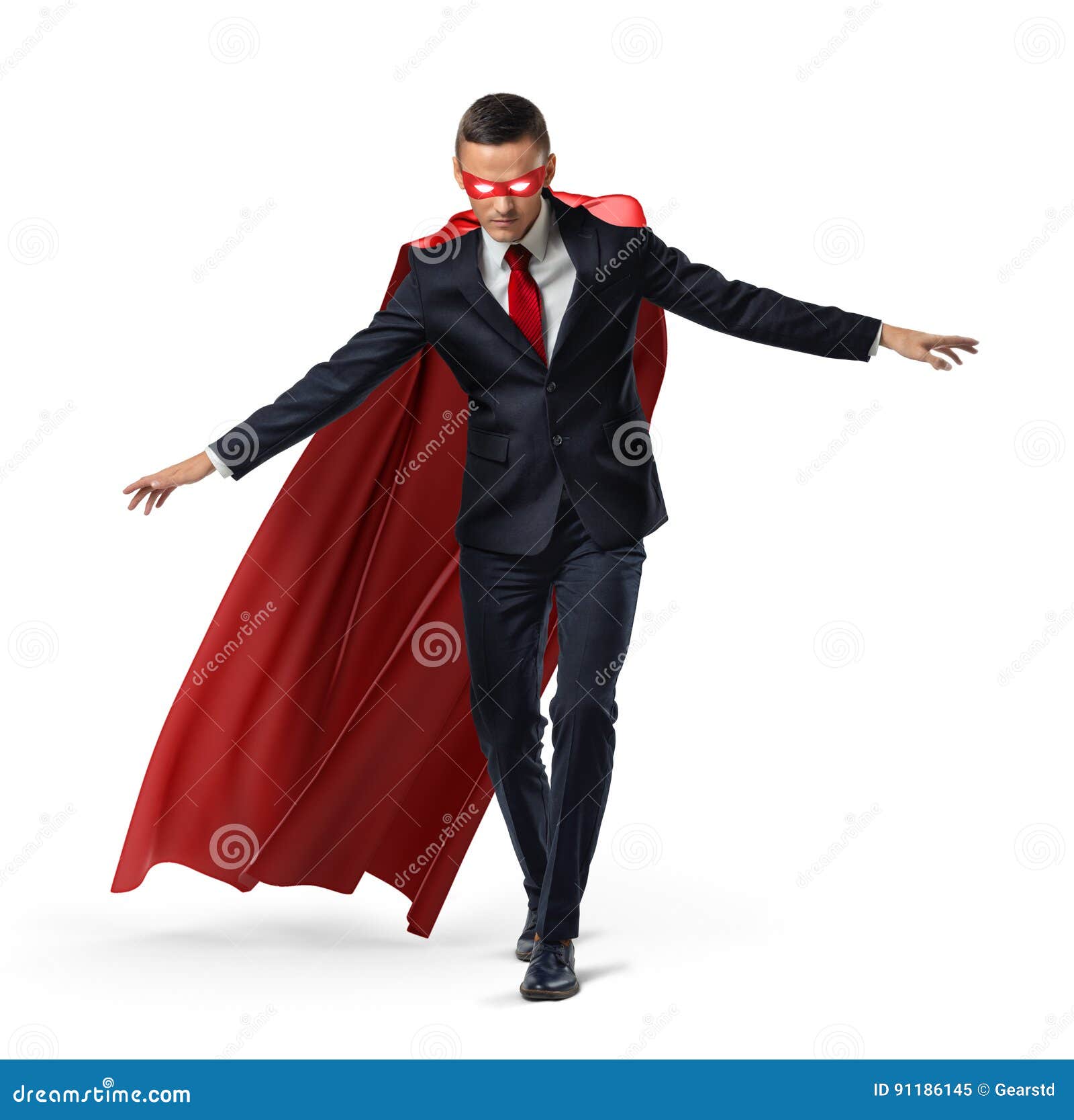 Ein Superheld In Einem Anzug Und In Einem Roten Kap Die Seine Balance Auf Einem Unsichtbaren Seil Halten Stockbild Bild Von Balance Unsichtbaren