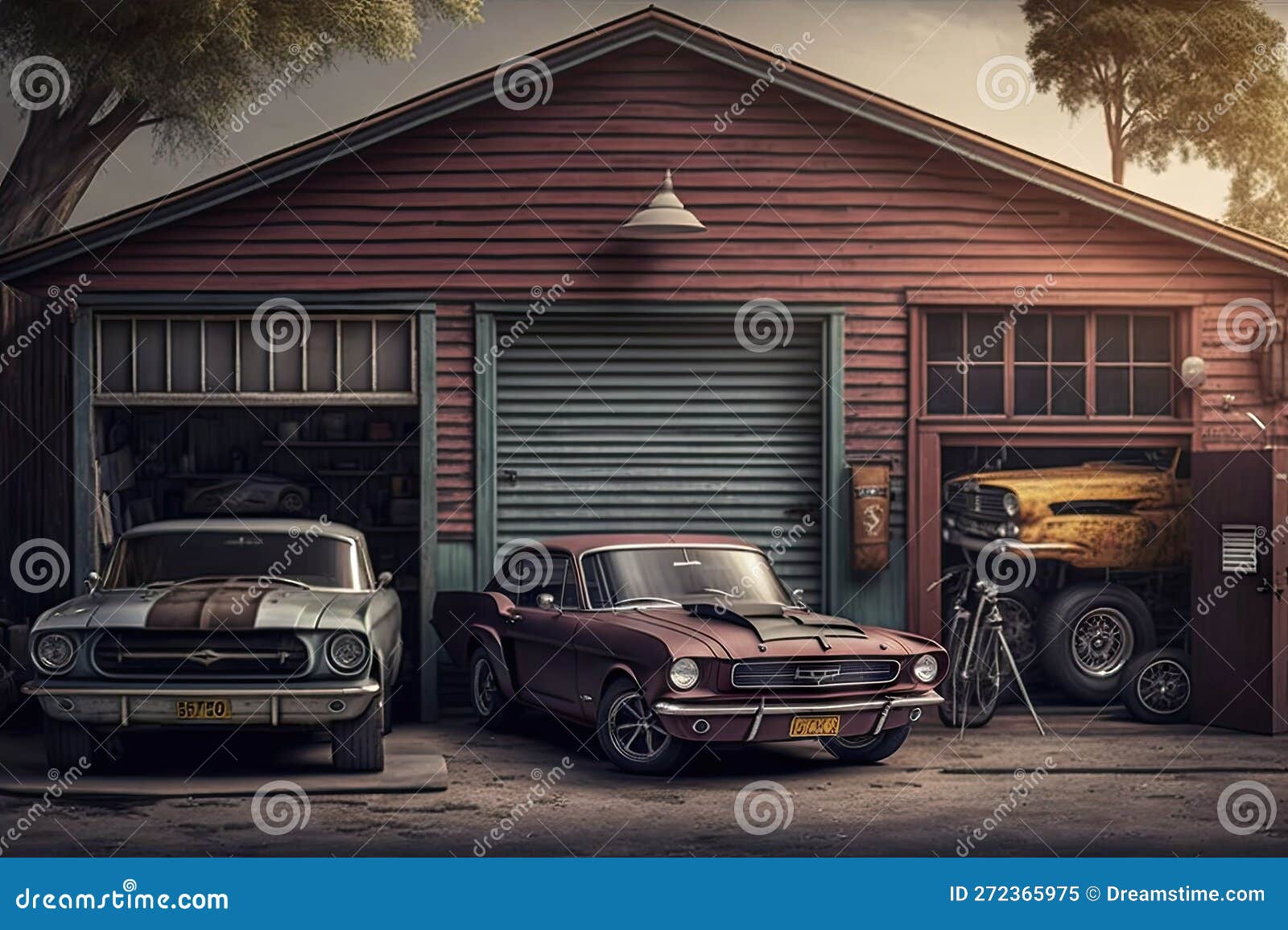 Eine Alte Garage Mit Oldtimer, Darunter Ein Klassischer Ford-Senf Und Ein  Muskelwagen. Stock Abbildung - Illustration von hilfsmittel, idee: 272365975