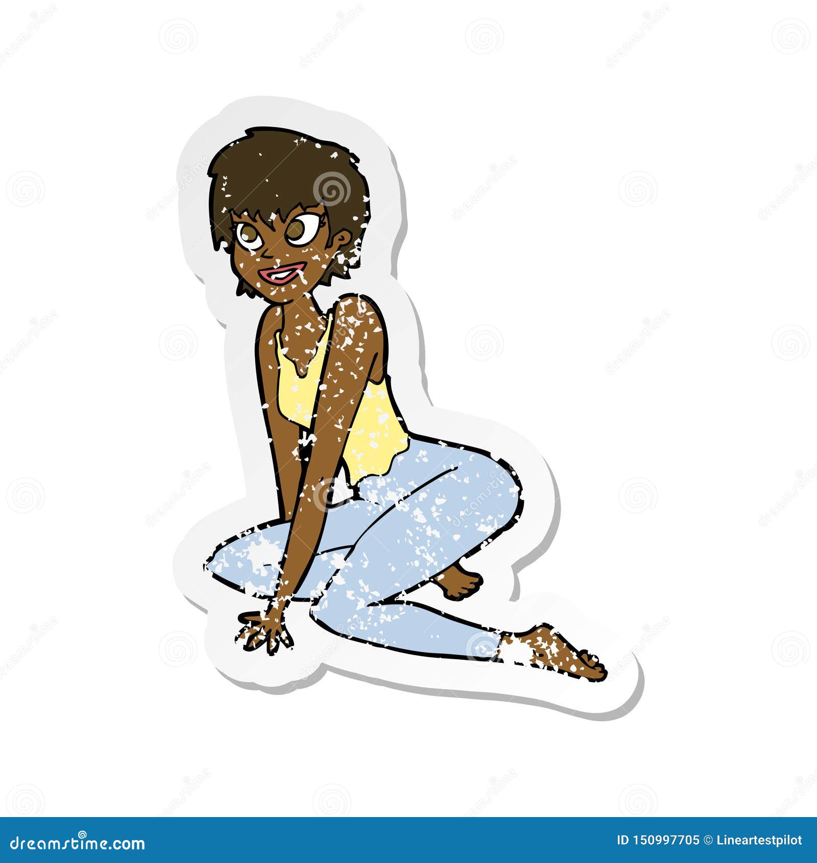 Eine Kreative Retro Bedruckte Aufkleberin Einer Cartoon Glucklichen Frau Die Auf Dem Boden Sitzt Vektor Abbildung Illustration Von Attraktiv Glucklich 150997705