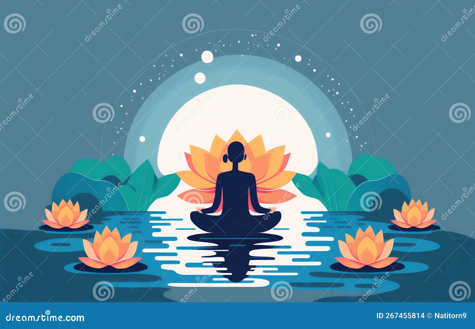 Eine Person, Die Neben Einer Lotus-Blume, Die in Blauem Wasser Schwimmt,  Meditiert Oder Yoga Macht Stock Abbildung - Illustration von kleidung,  schön: 267455814